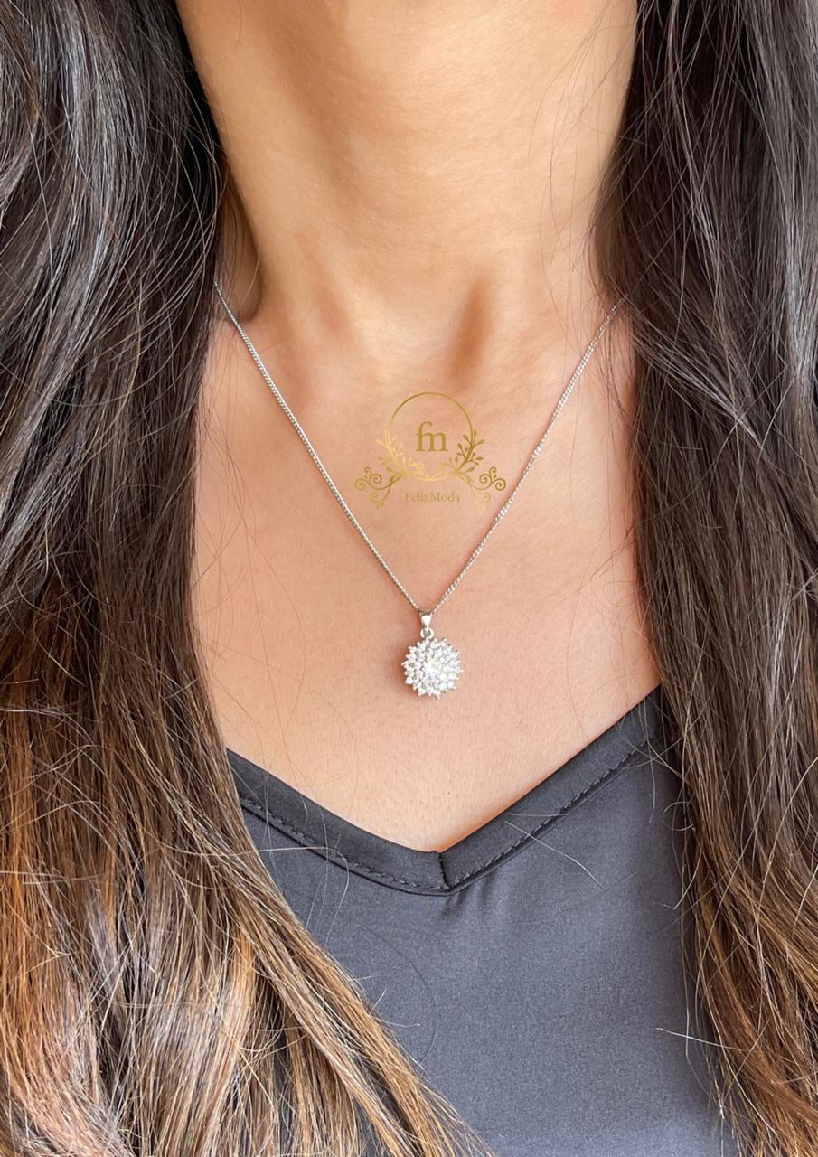 Shiny stones round pendant silver necklace -MODA019- Fm23