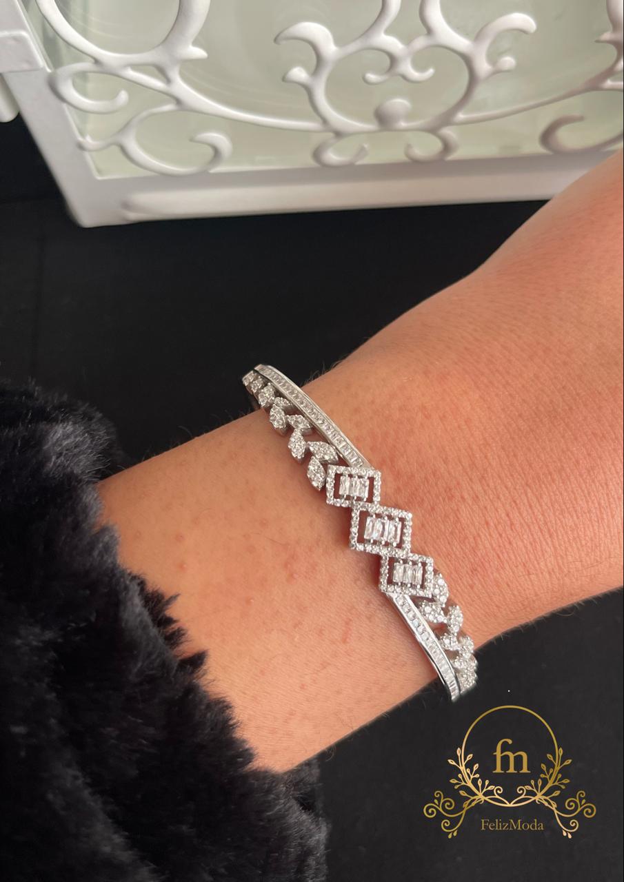 Three squares tree leaf silver bangle zircon stones free size