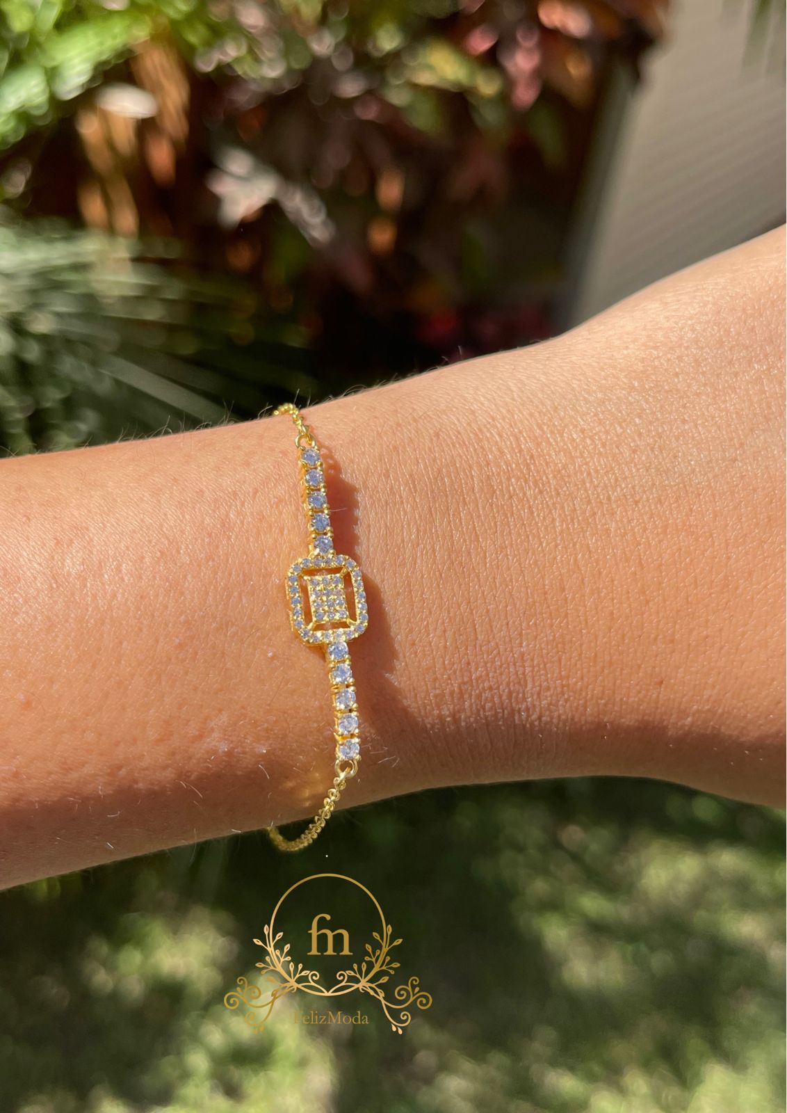 Square silver bracelet with side zircon. stones gold plated