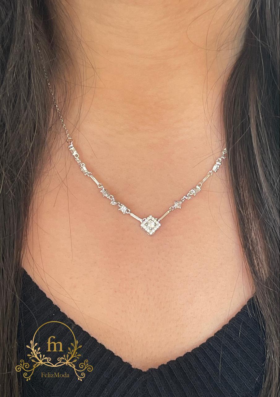 Square pendant with side multiple zircon stones silver necklace- FM35