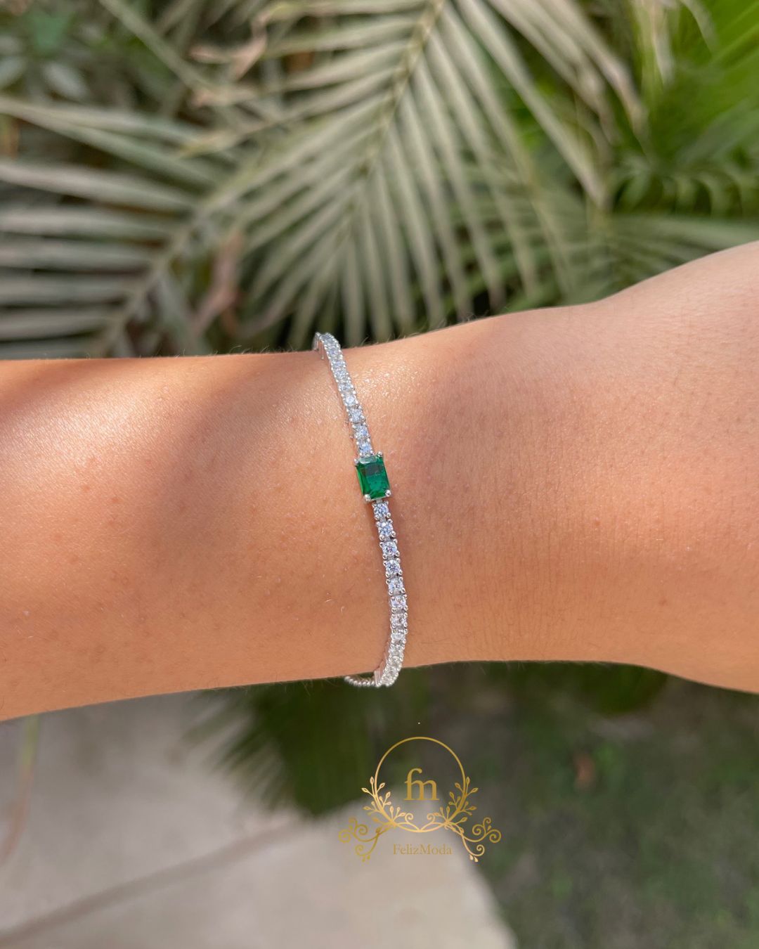 Green zircon stone silver tennis bracelet