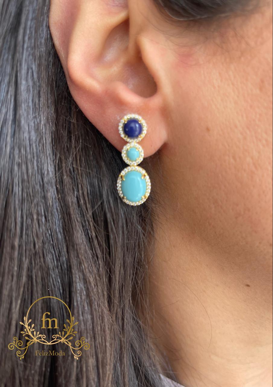 Three stones one blue and two turquoise silver earrings gold plated