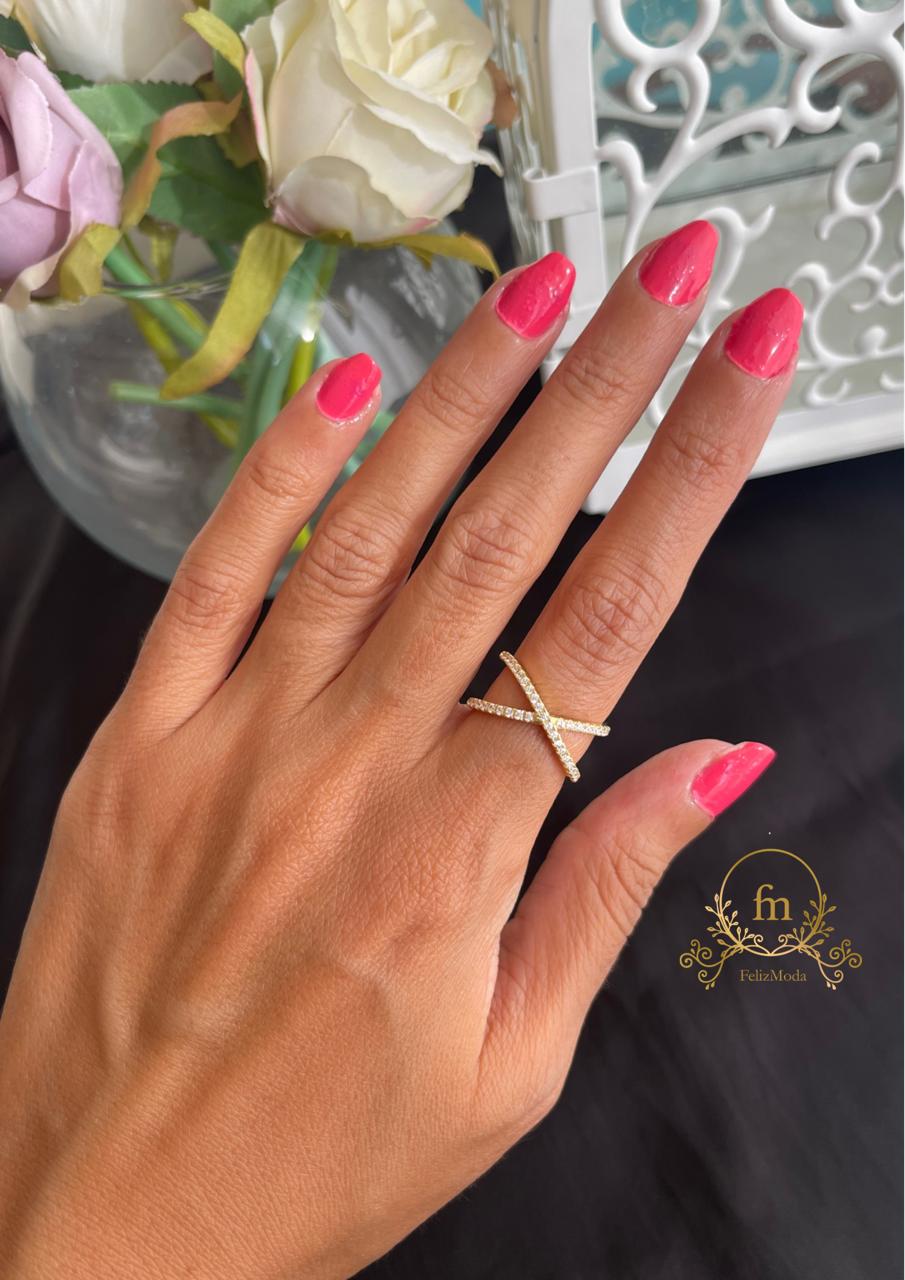X silver ring gold plated with zircon stones free size