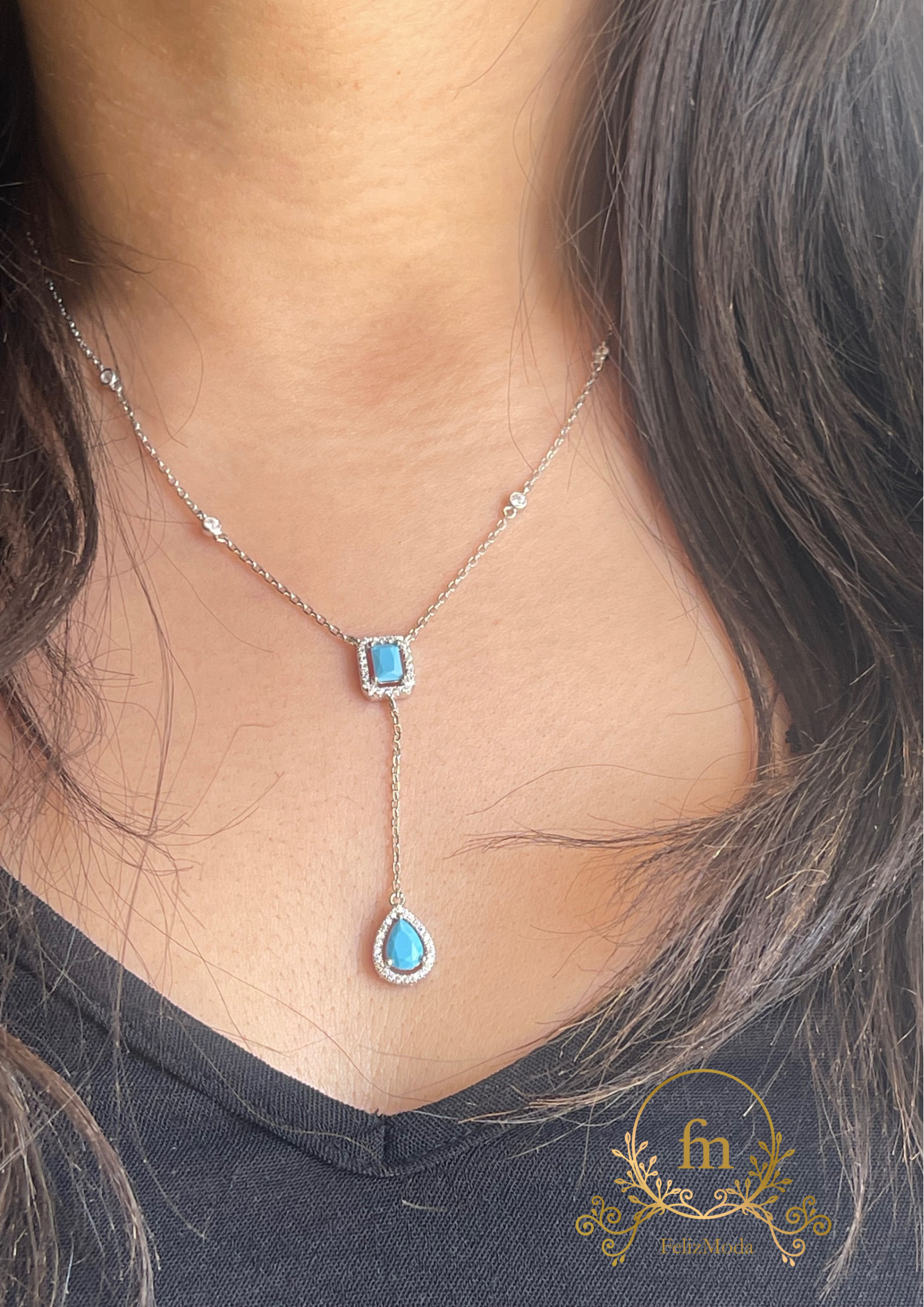 Oval and square Fayrouz stones long silver necklace