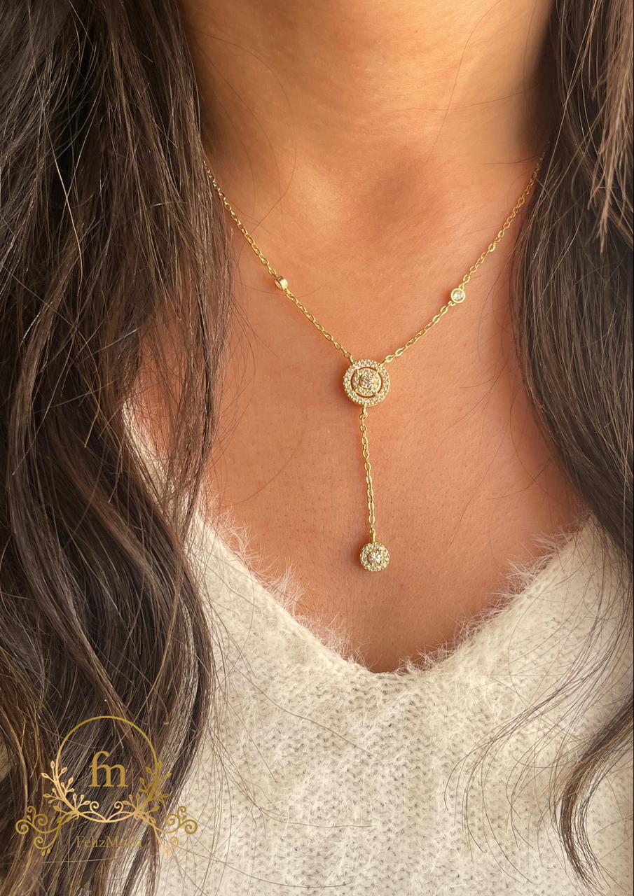 Long two round pendant zircon stones silver necklace gold plated