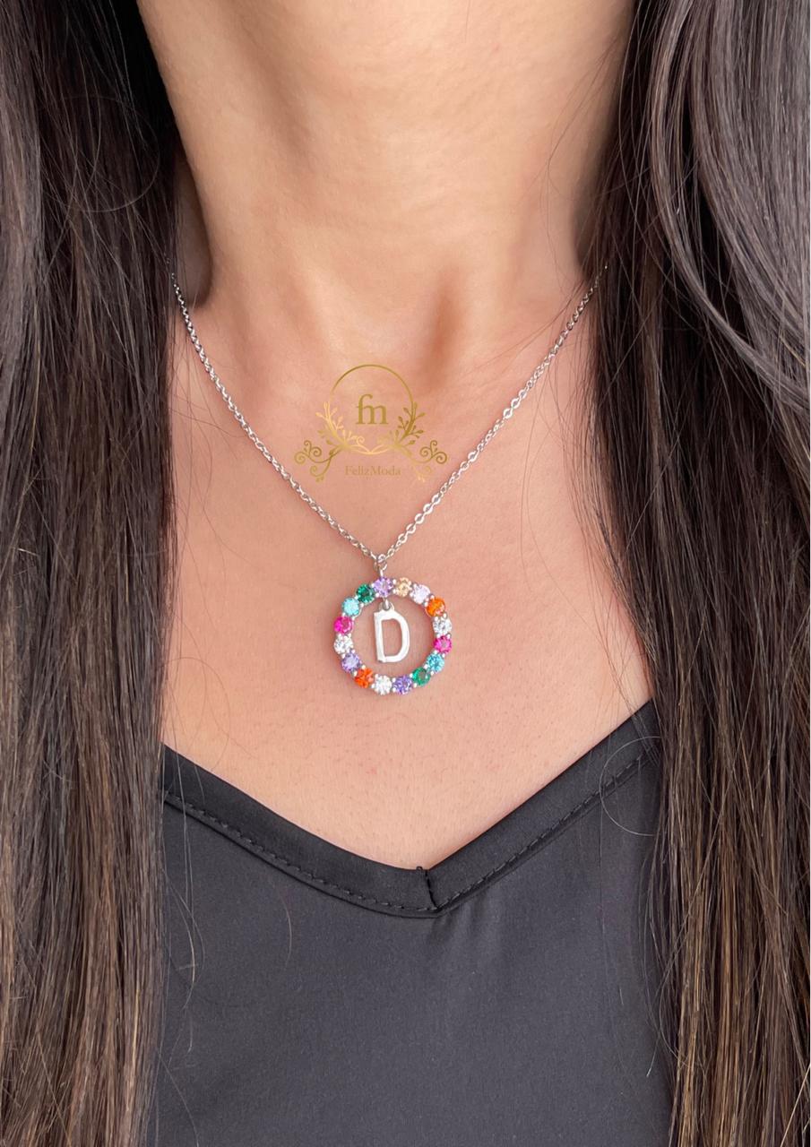 Letter D Silver necklace with colorful zircon stones
