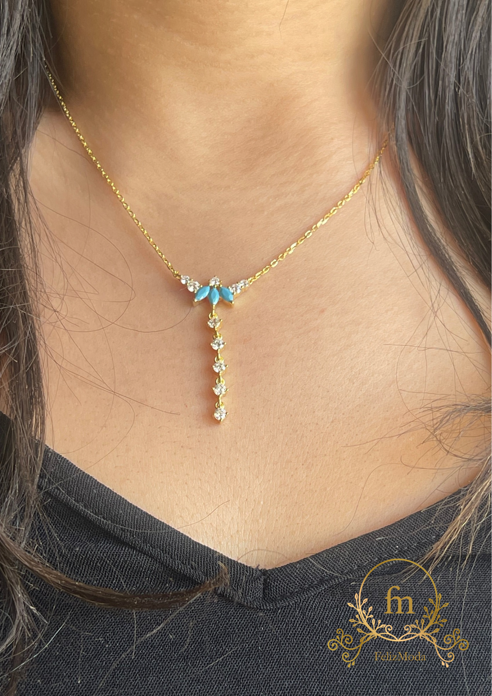 Fayrouz flower silver necklace gold plated with dangling stones