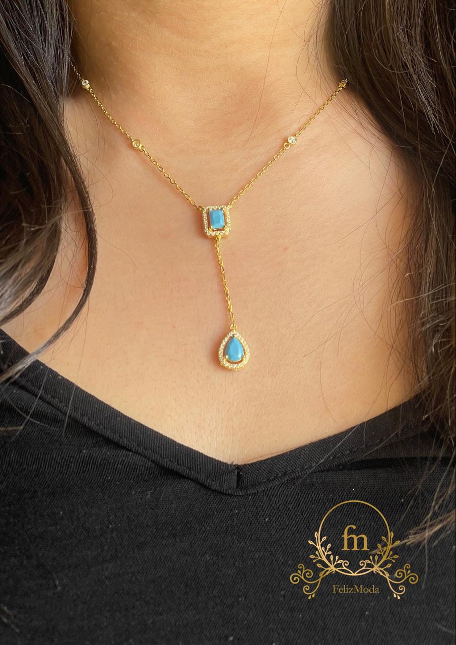 Oval and square Fayrouz stones long silver necklace gold plated