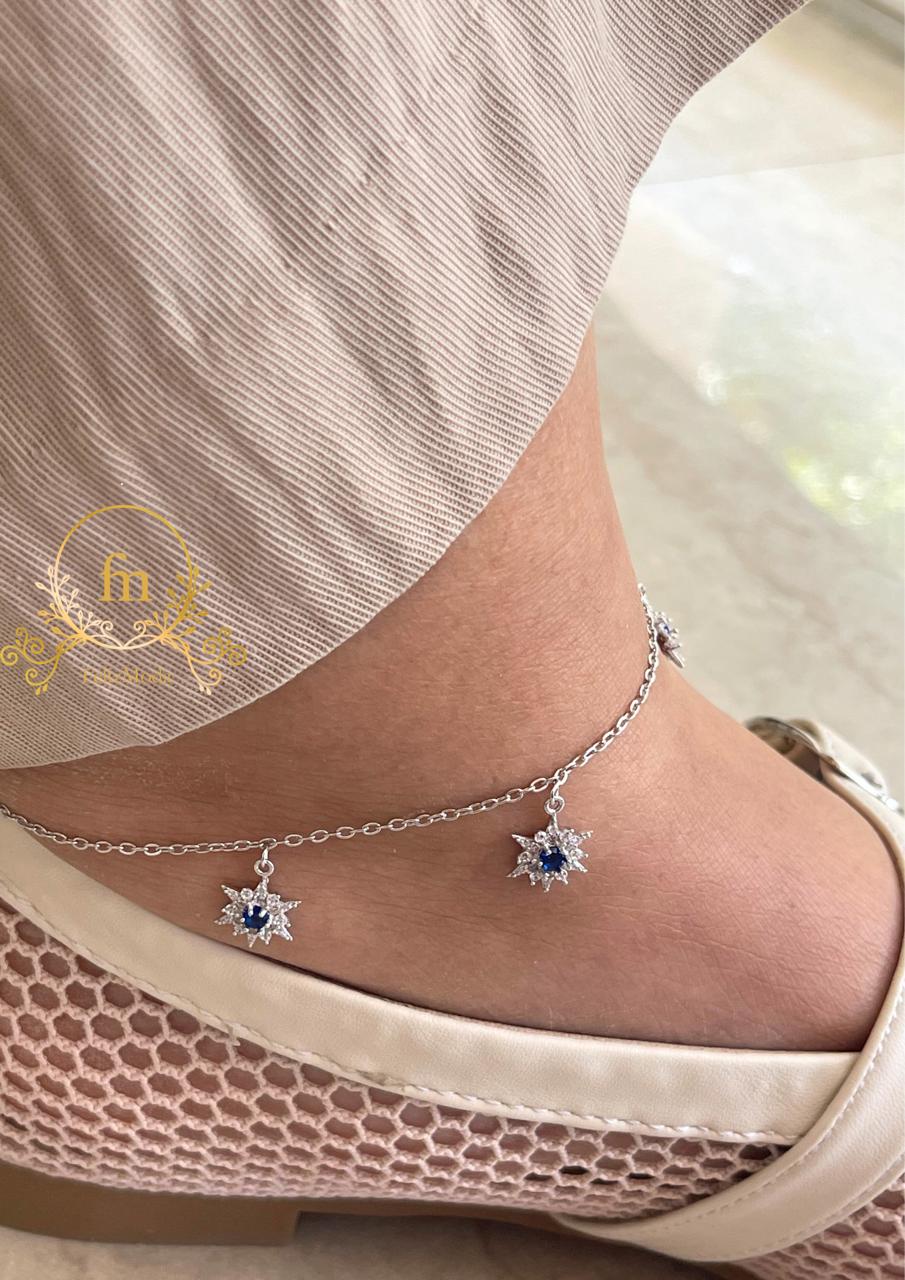 Blue flowers silver anklet