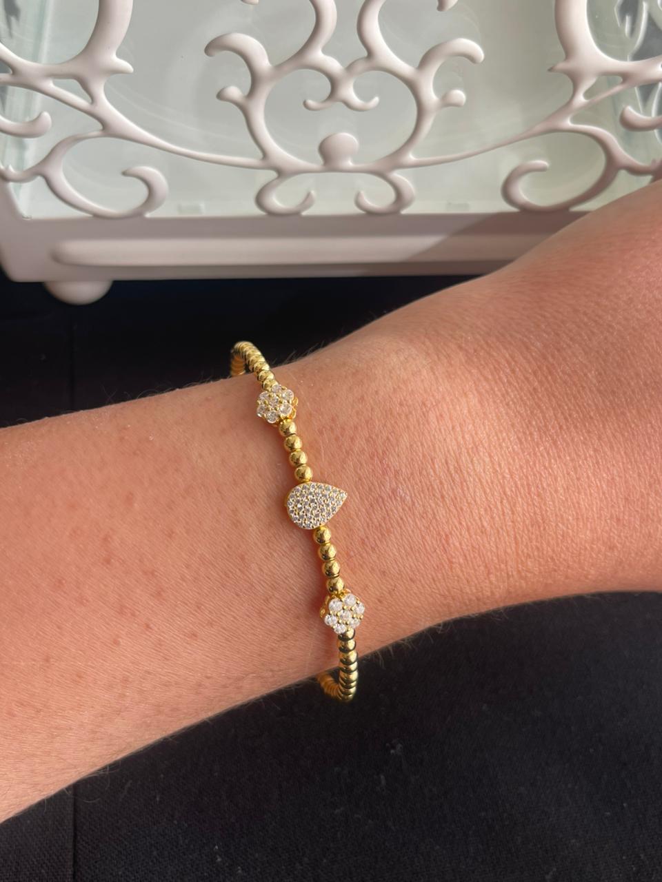 Oval and two flowers silver braided bangle free size adjustable gold plated