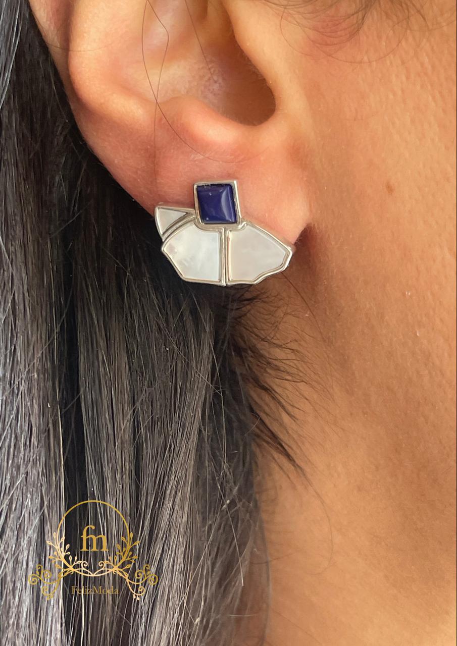 Pearl and dark blue stone silver earrings