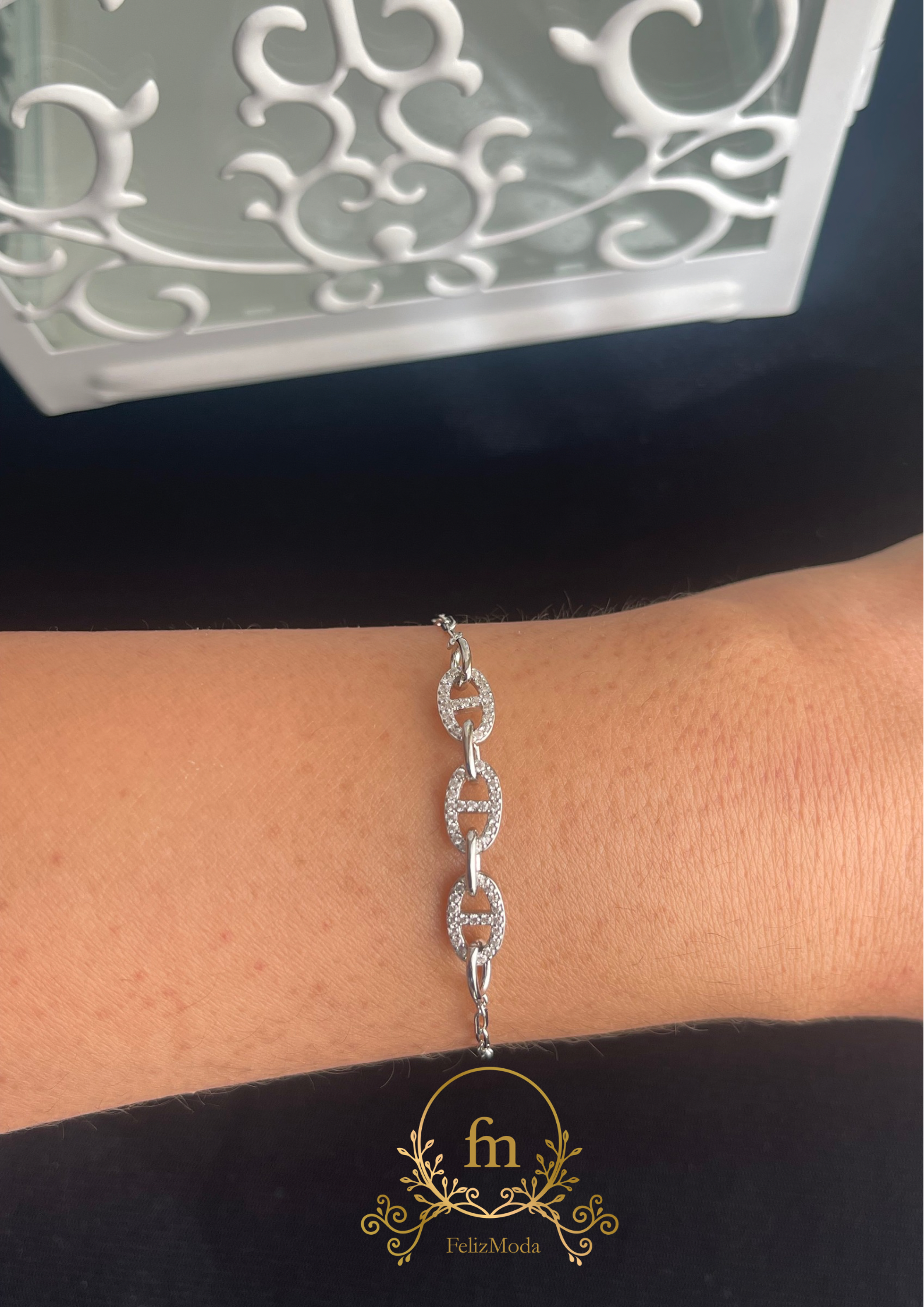 Multiple connected oval chains silver bracelet