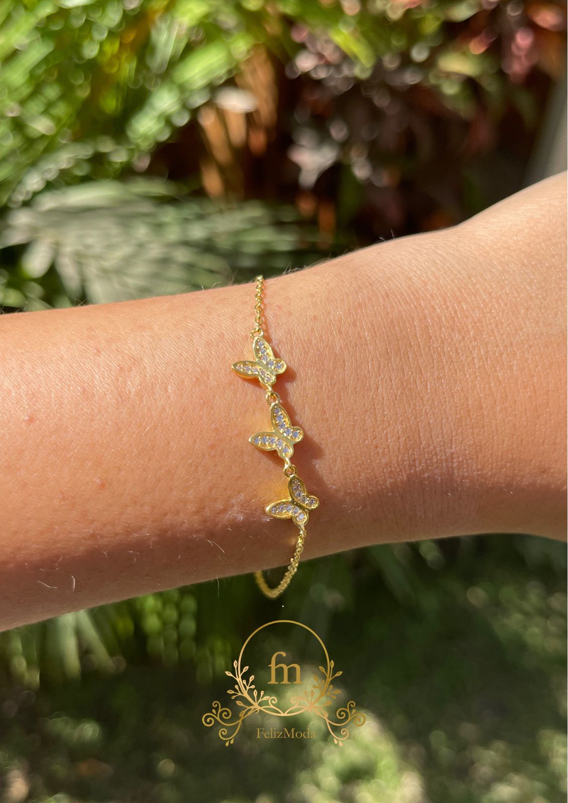 Three butterflies silver bracelet gold plated with zircon stones