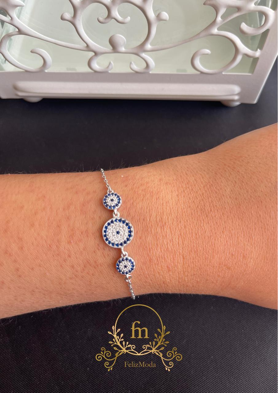 Three blue eyes silver bracelet with zircon stones