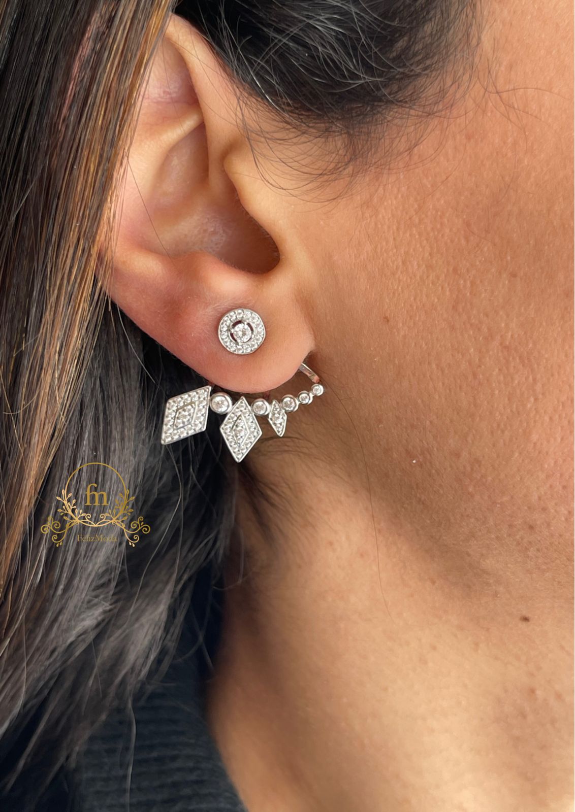 Double pendant sterling silver earrings with zircon stones