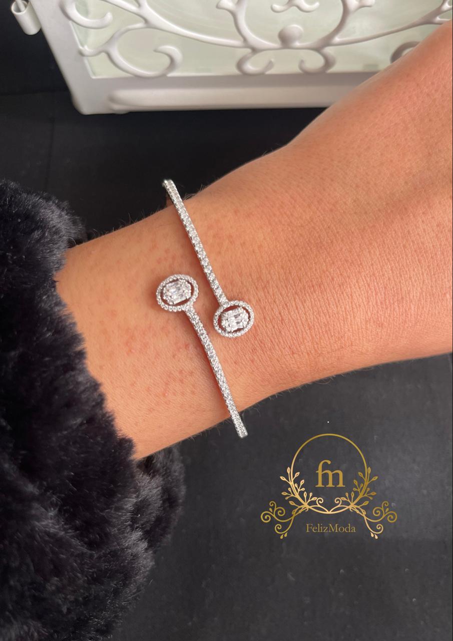 Two round pendants silver bangle zircon stones