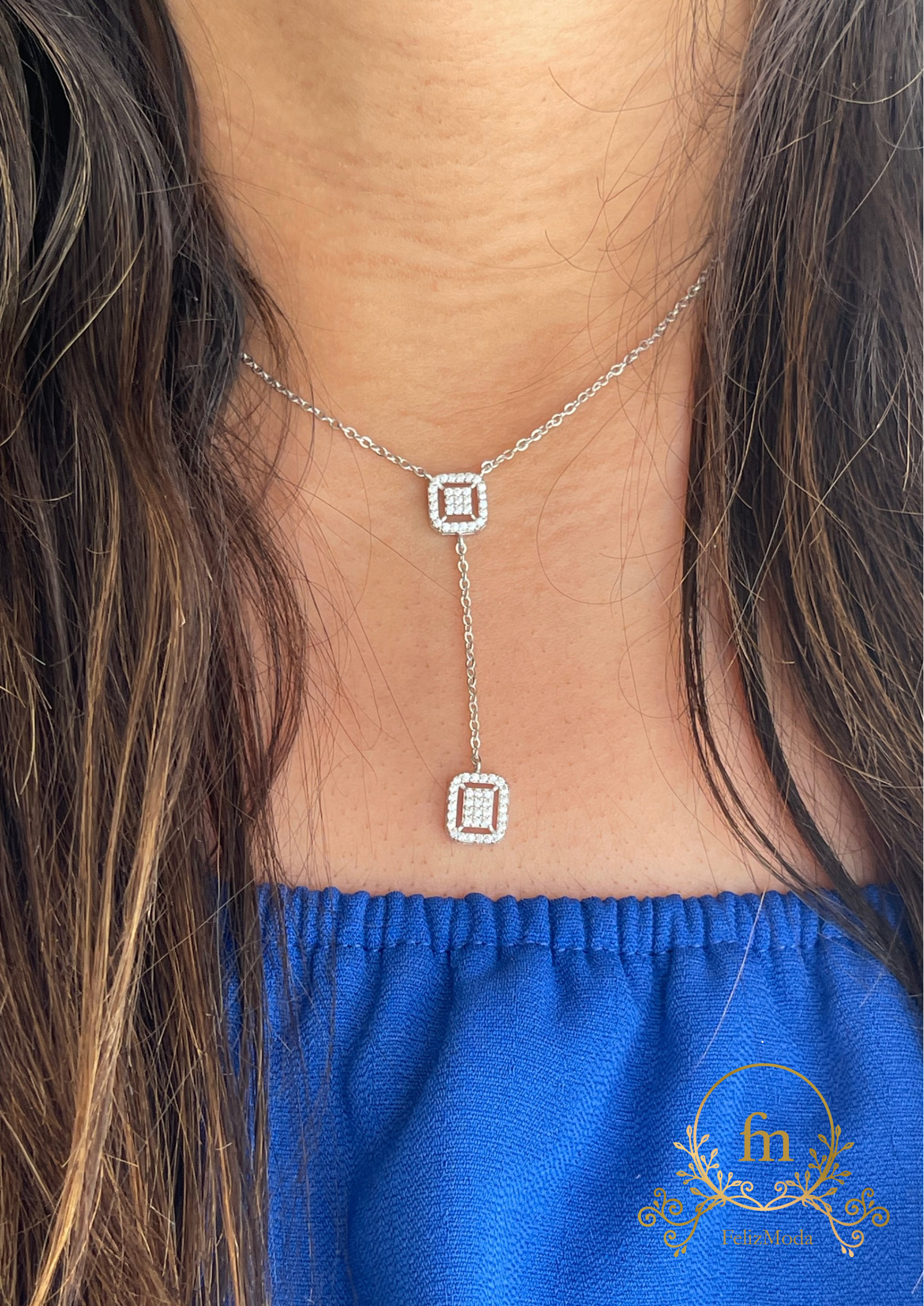 Two squares silver necklace with zircon stones - moda041