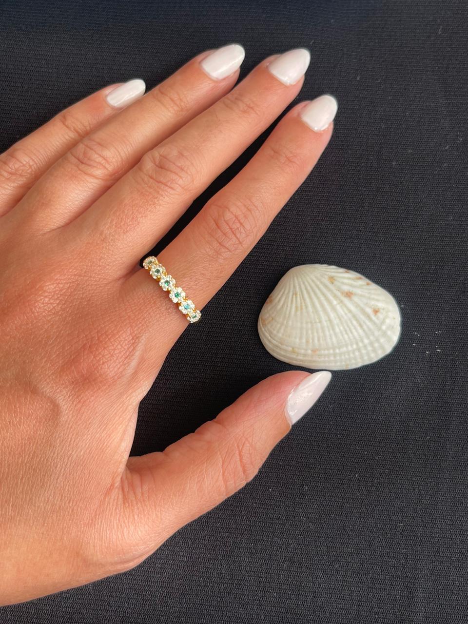 Green flowers silver ring gold plated