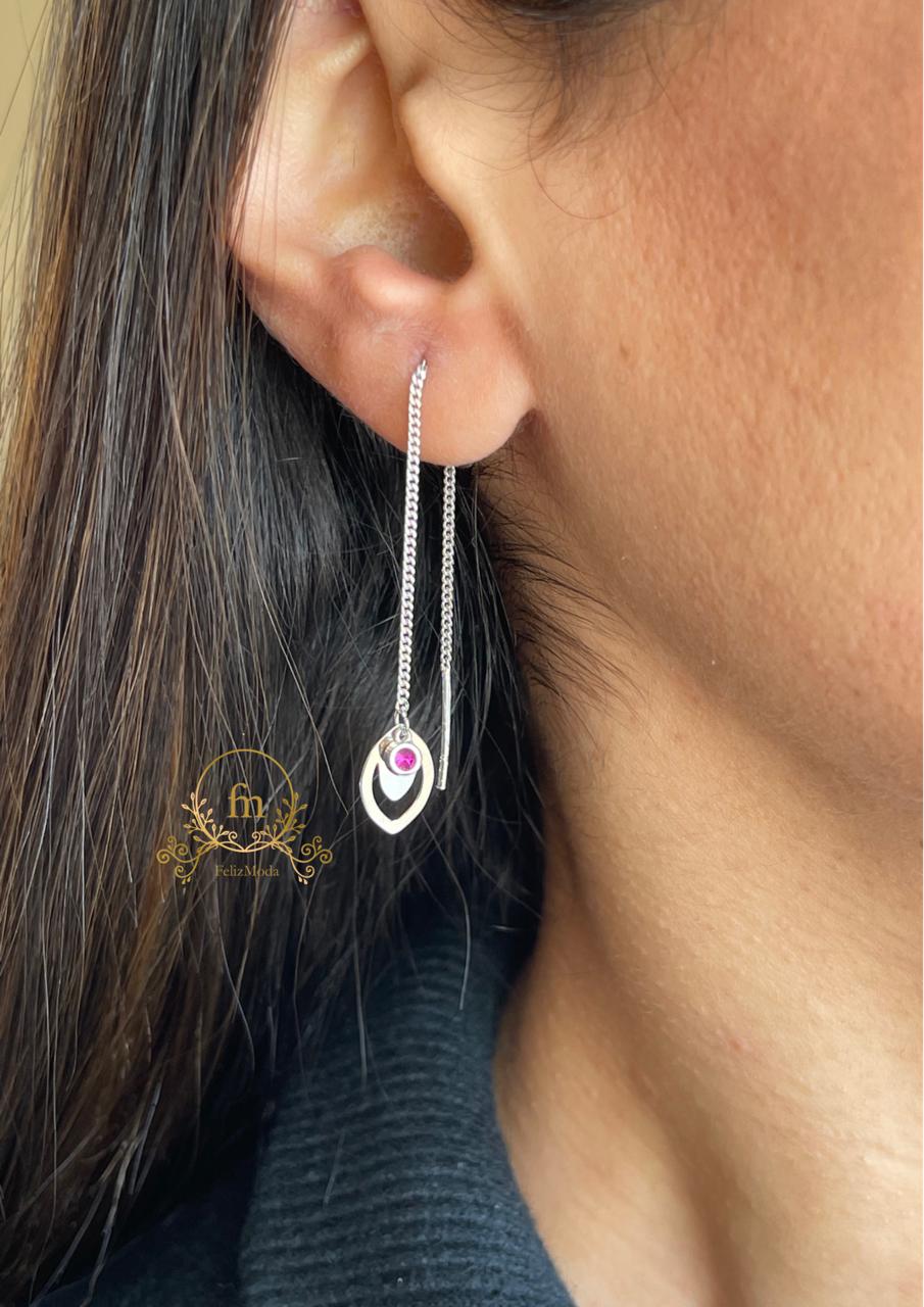 Silver earrings adjustable length with pink stone ( by piece )