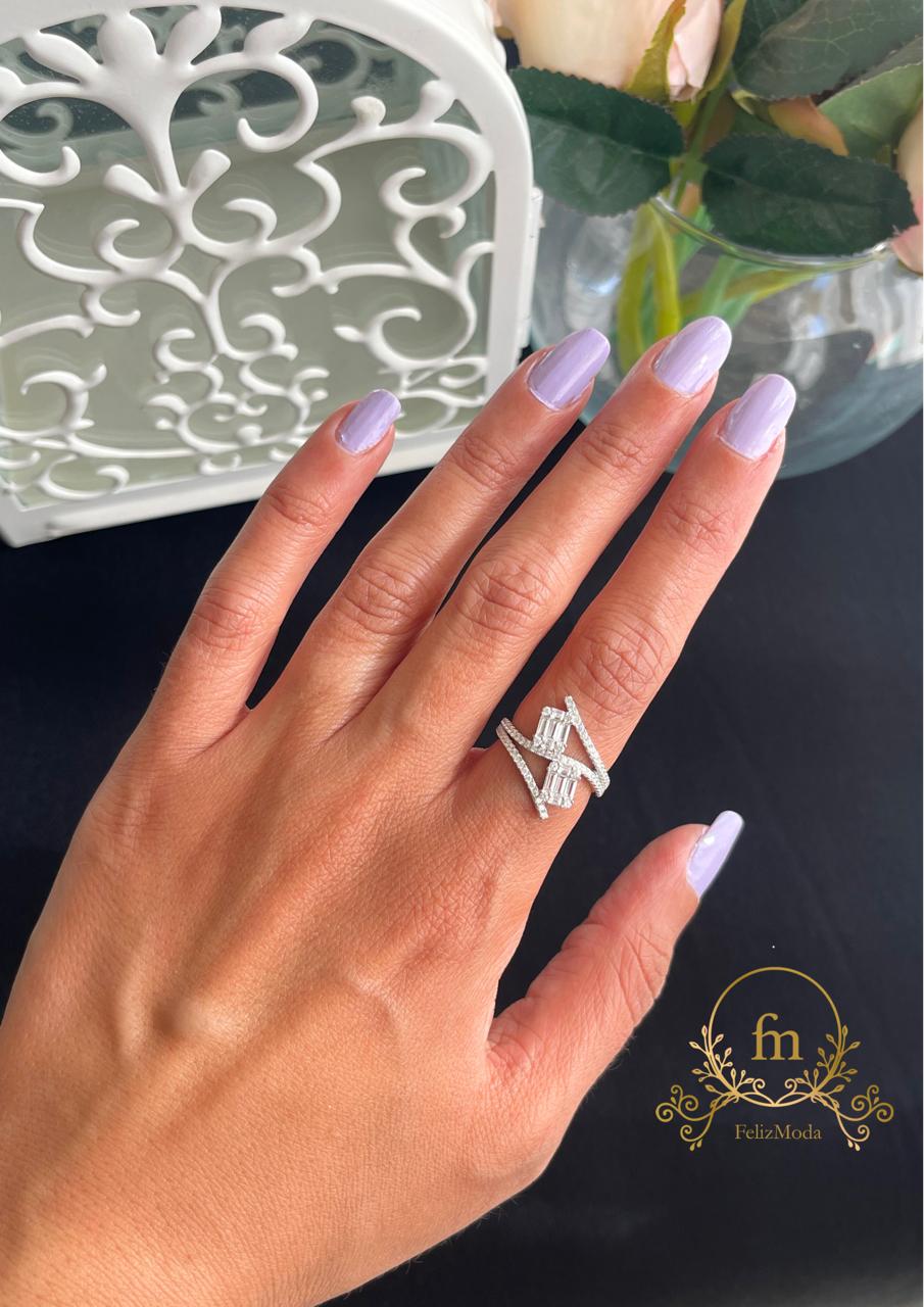 Two square zircon stones silver ring