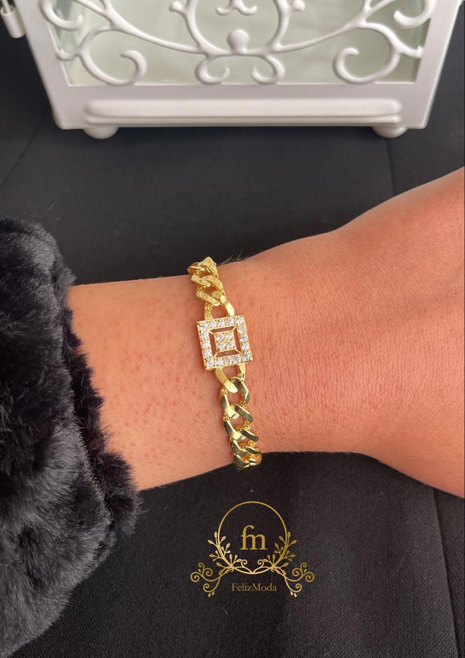 Square stone braided silver tennis bracelet gold plated