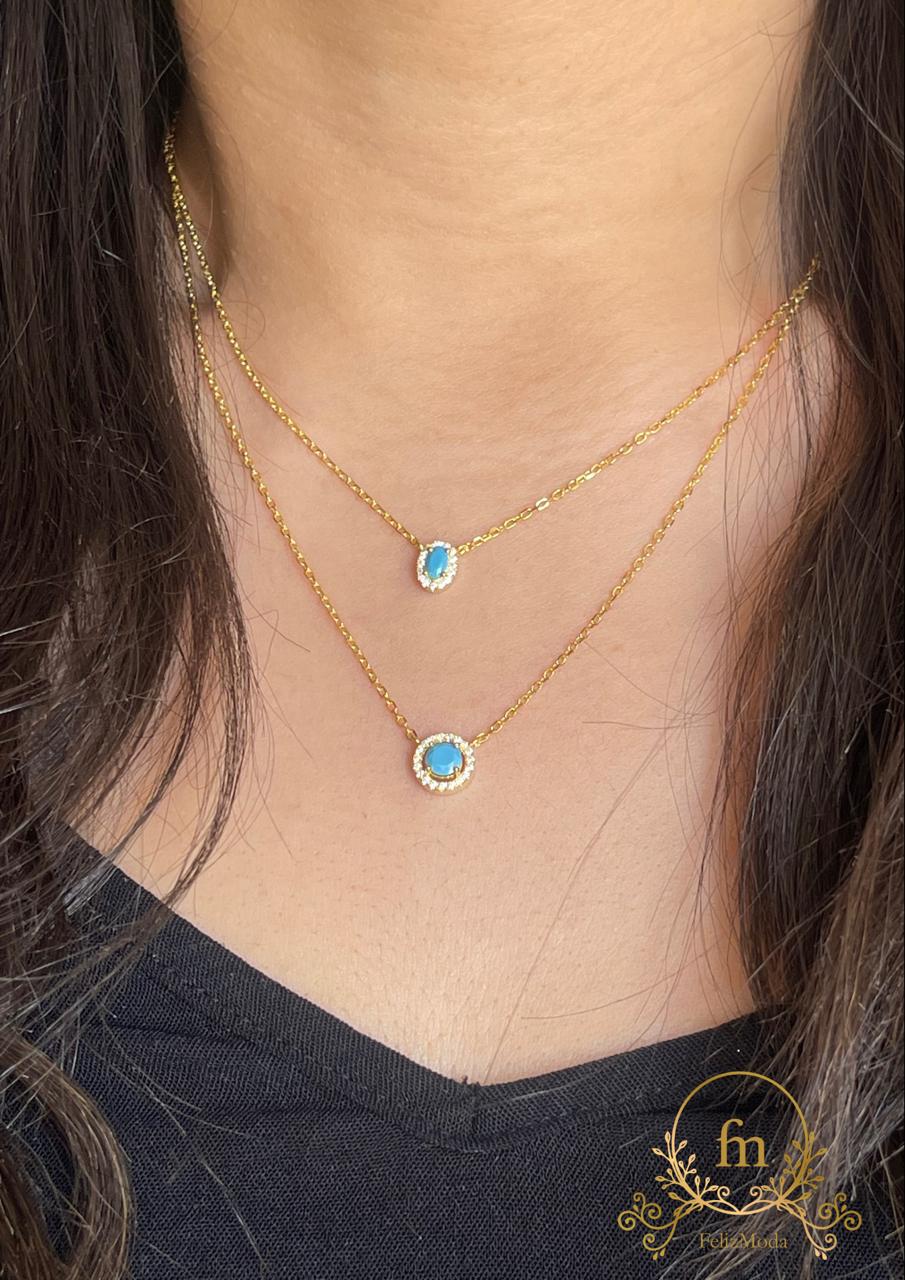 Double layered Fayrouz stones silver and gold plated necklace