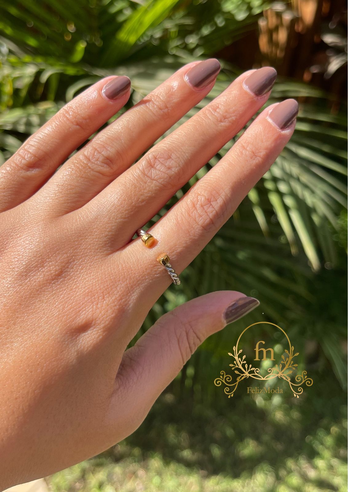 Two golden beads braided silver ring adjustable size