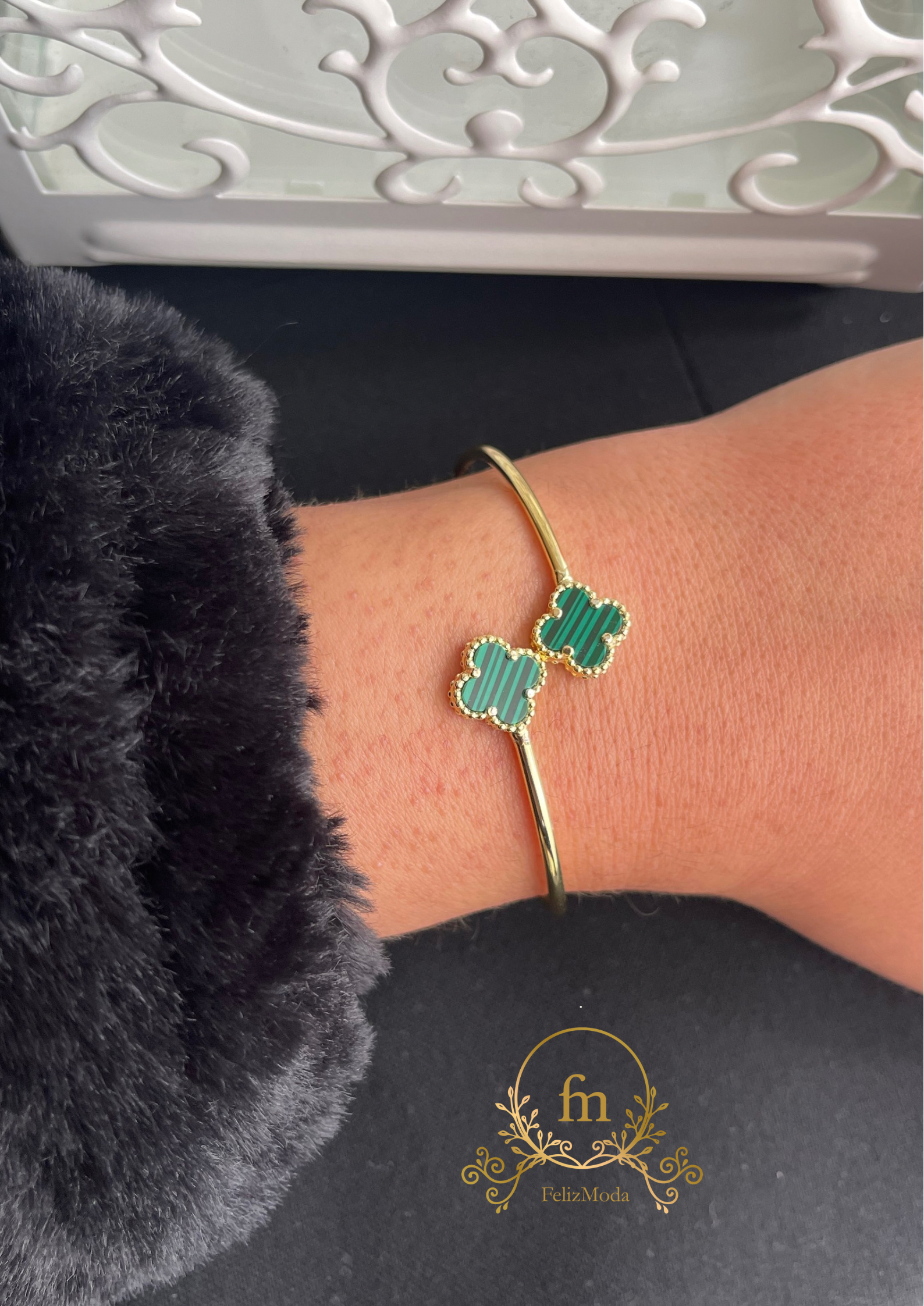 Green stones trendy silver bangle gold plated