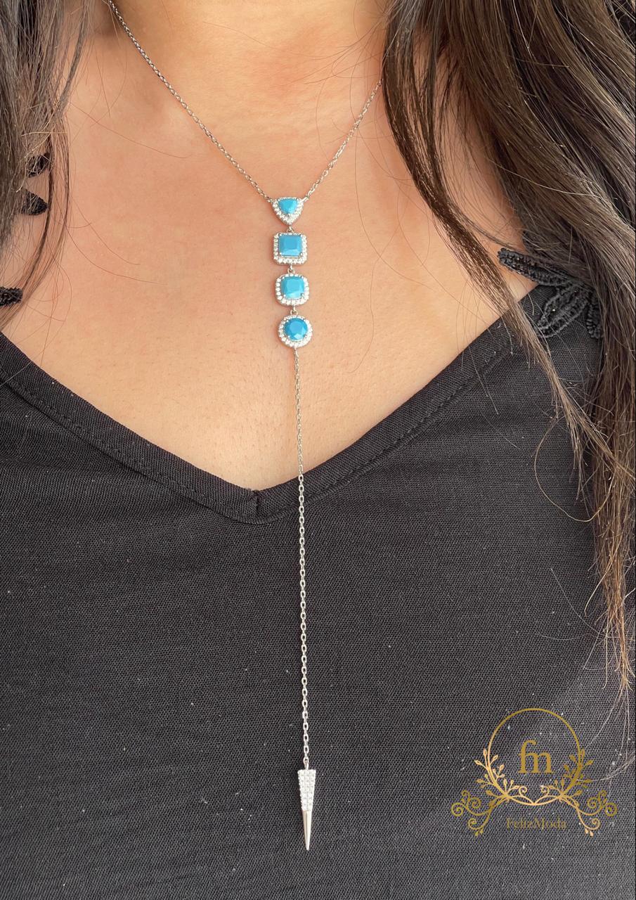 Long arrow silver necklace with different Fayrouz stones