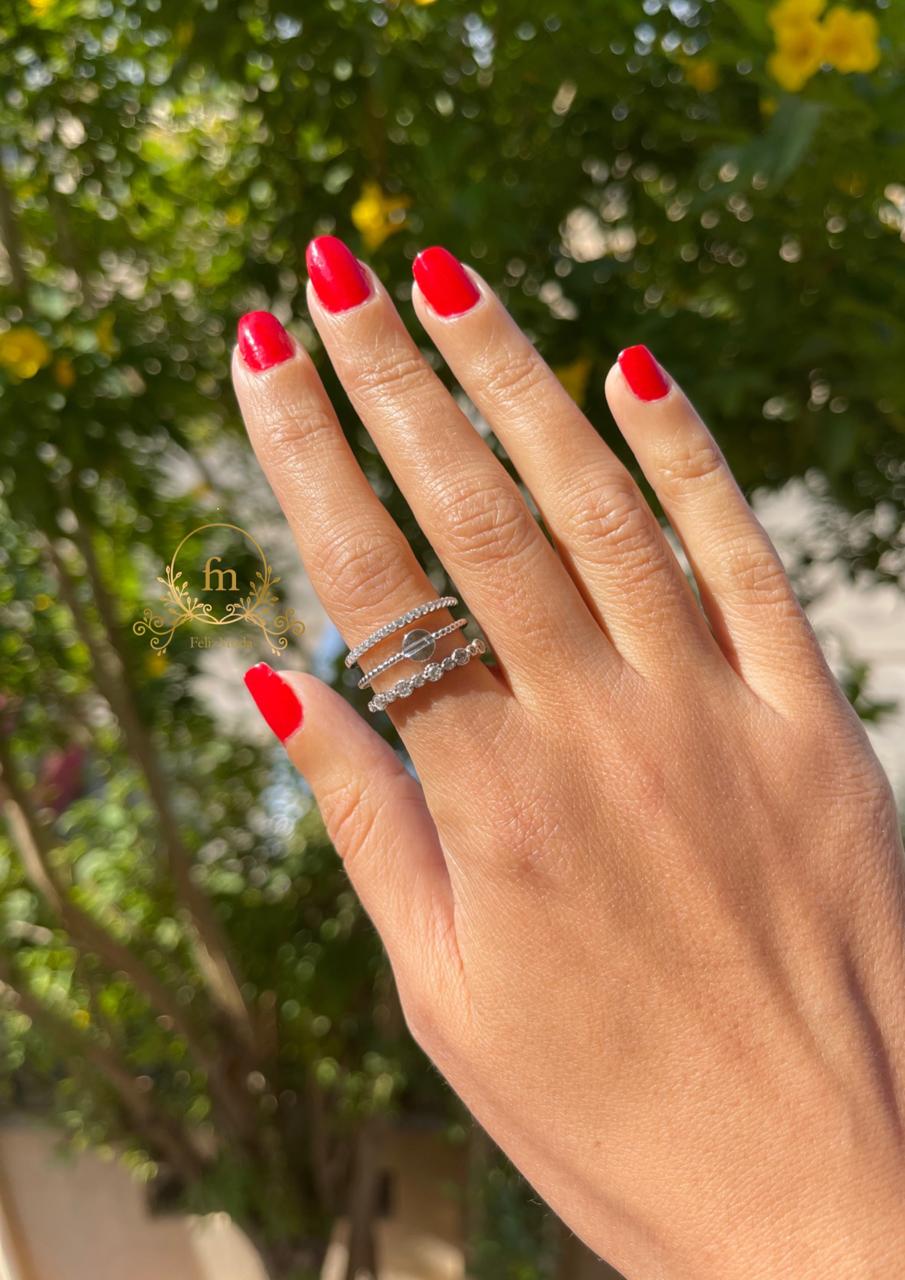 Three layered silver ring with different stone shapes
