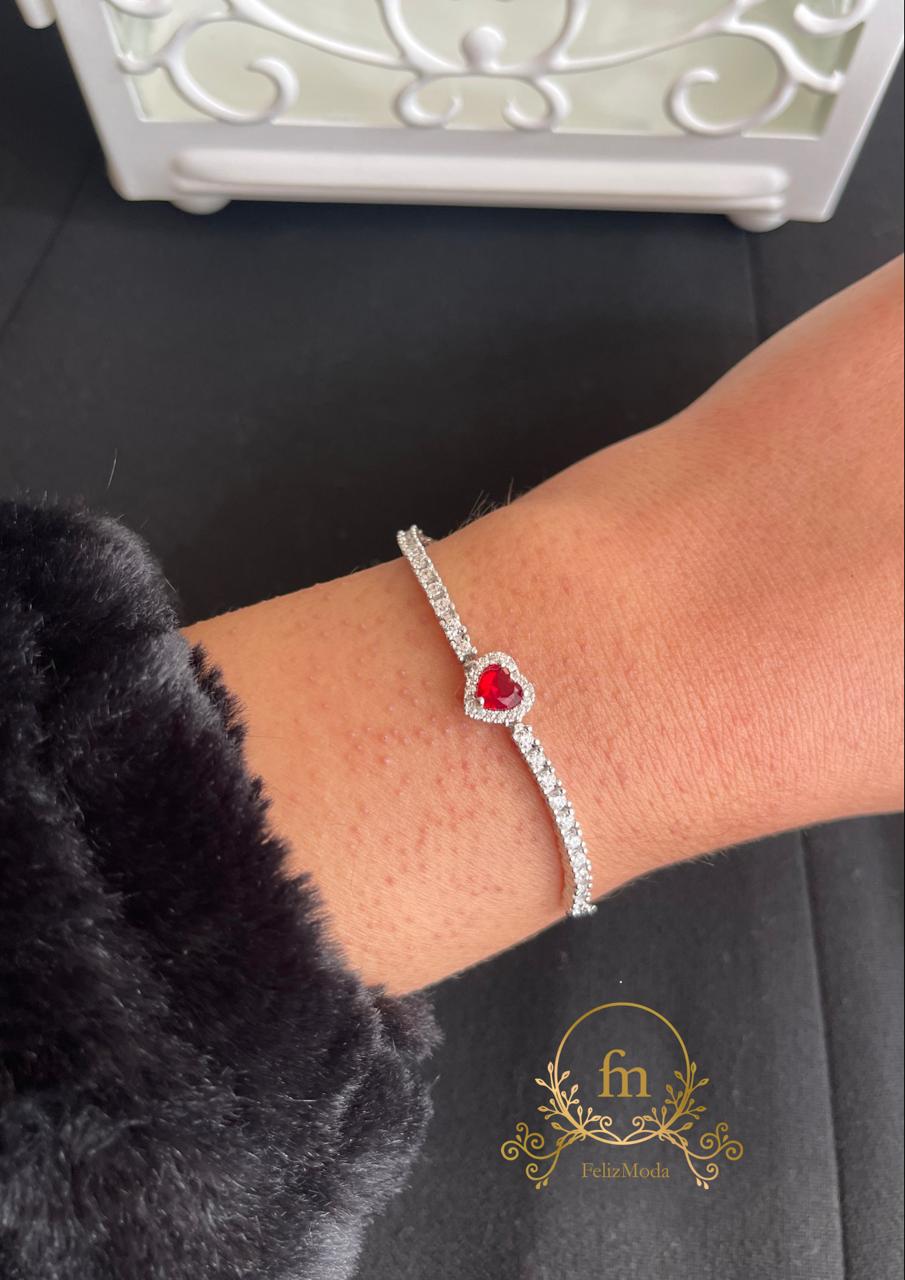 Red heart with side zircon stones silver bracelet