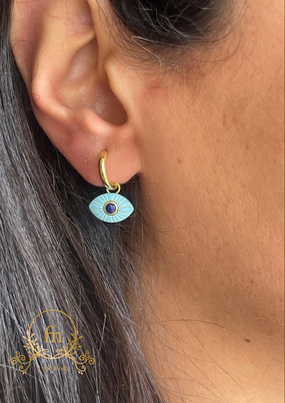 Fayrouz eye with blue stone silver earrings gold plated