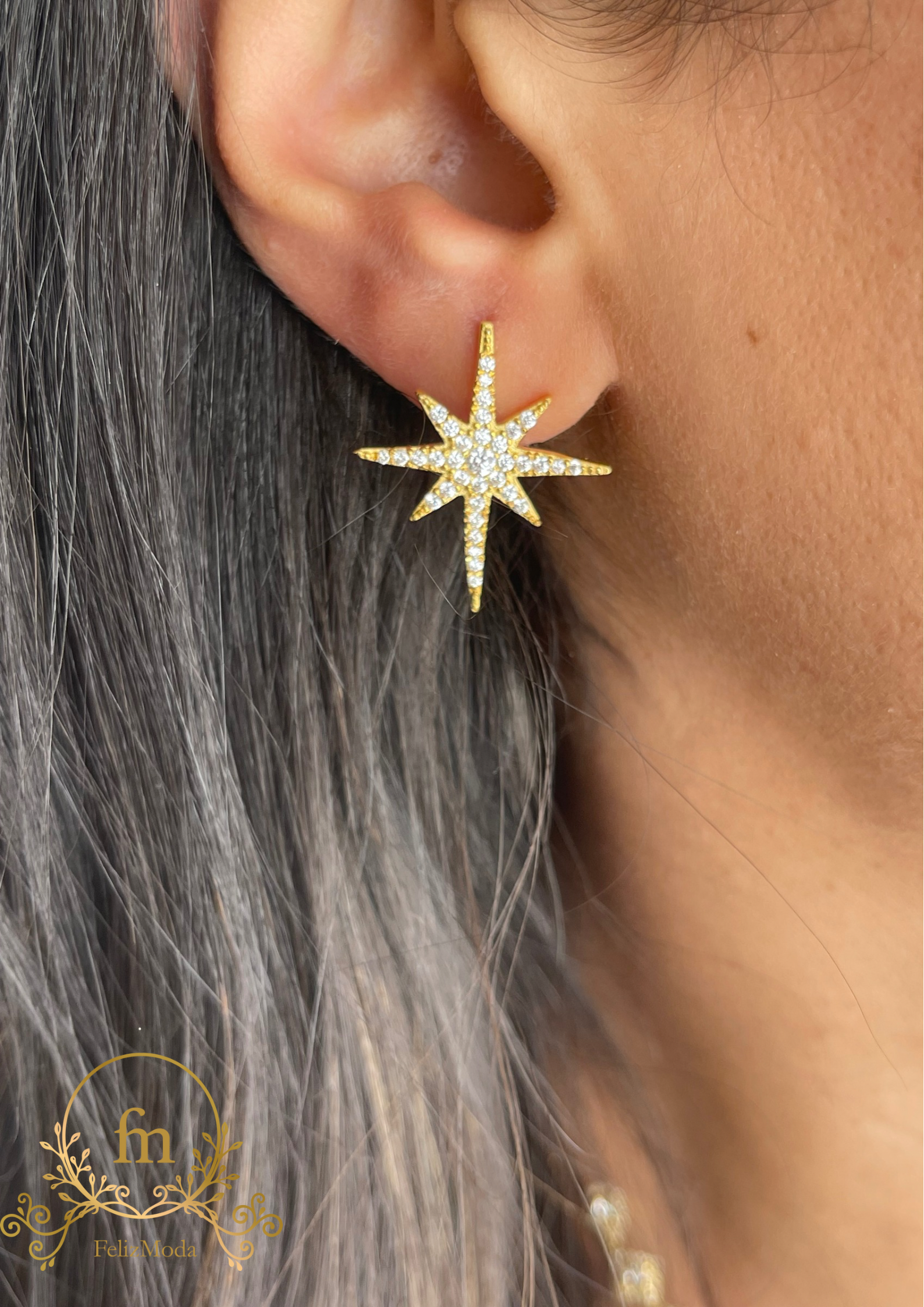 Star silver earrings gold plated with zircon stones