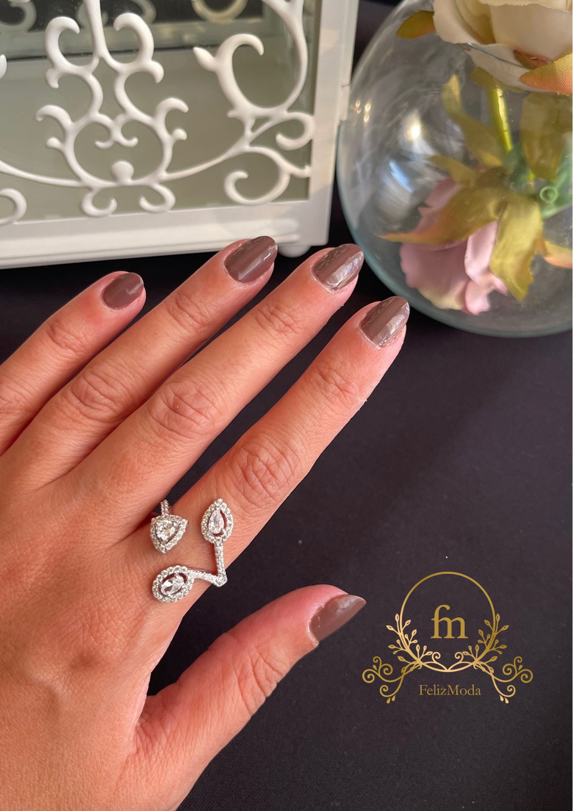 Three zircon stones triangle,oval & round silver ring free size