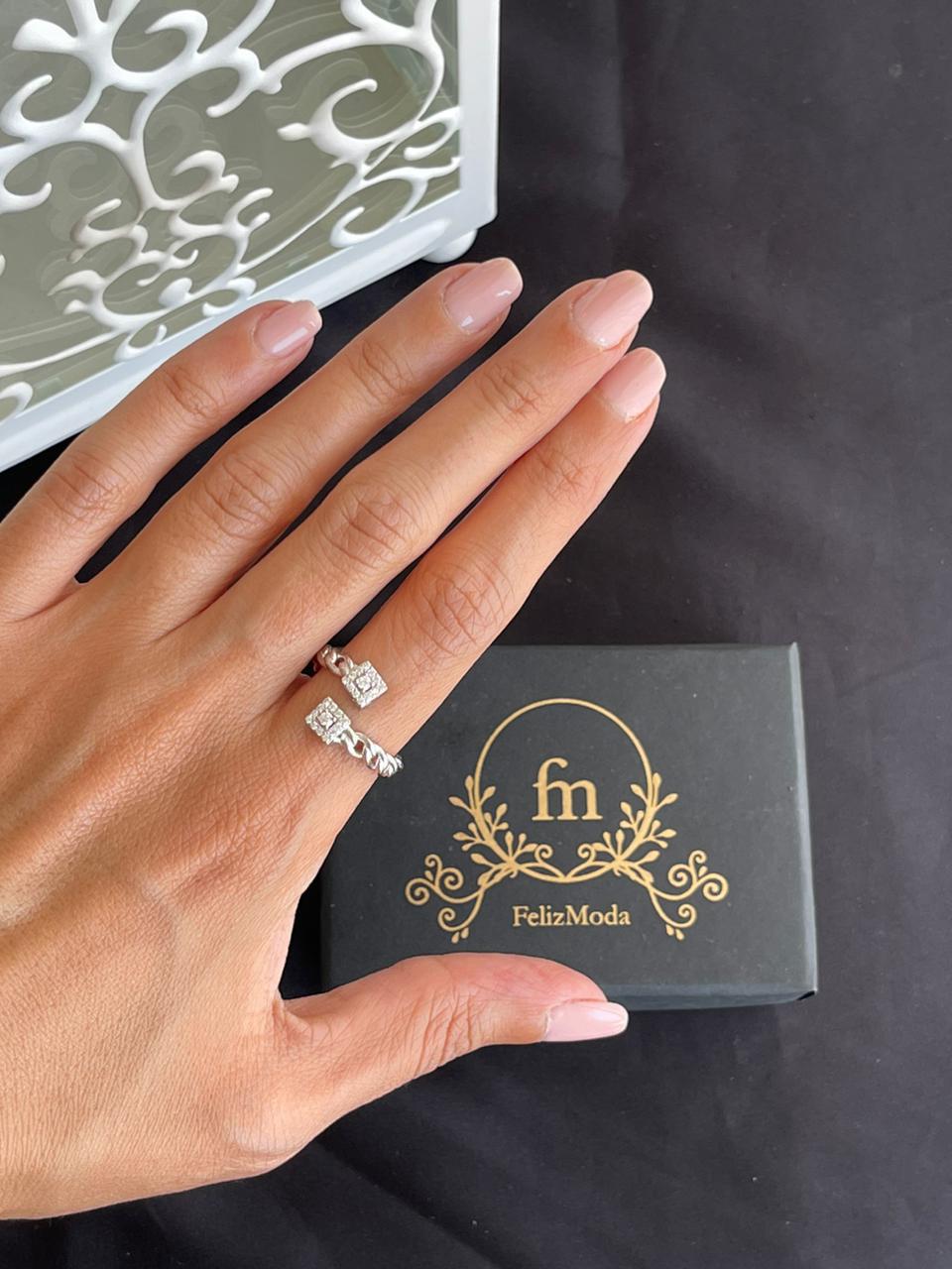 Silver braided ring with two square stones free size