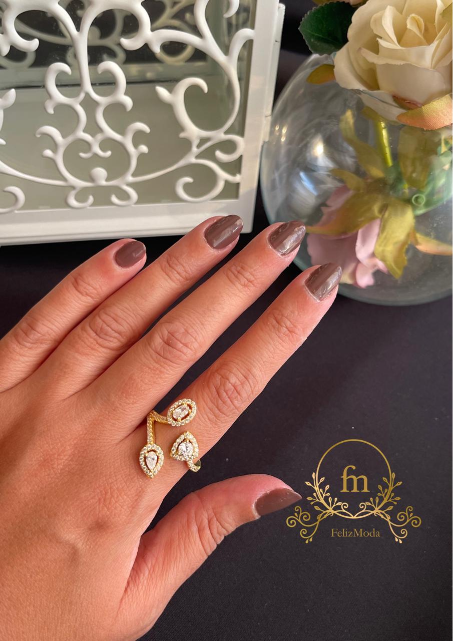 Three zircon stones triangle, oval & round silver ring free size gold plated