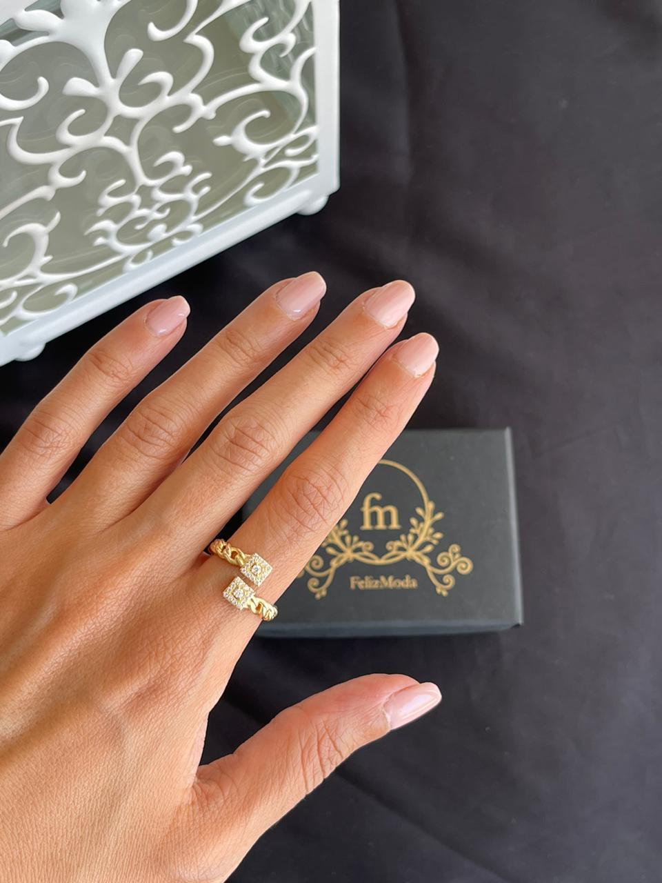 Silver braided ring with two square stones gold plated free size