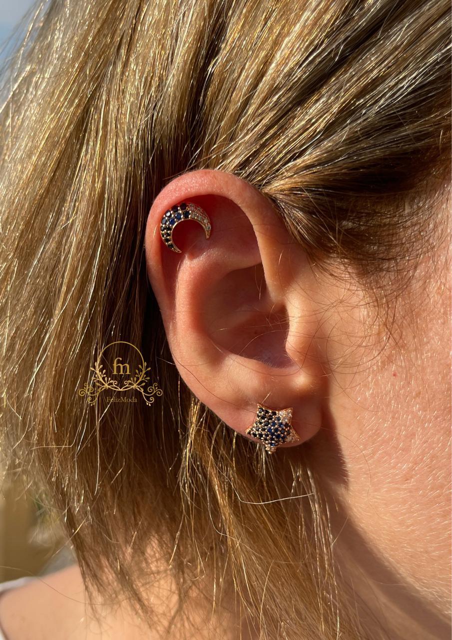 Star&crescent rose gold with blue stones silver earrings