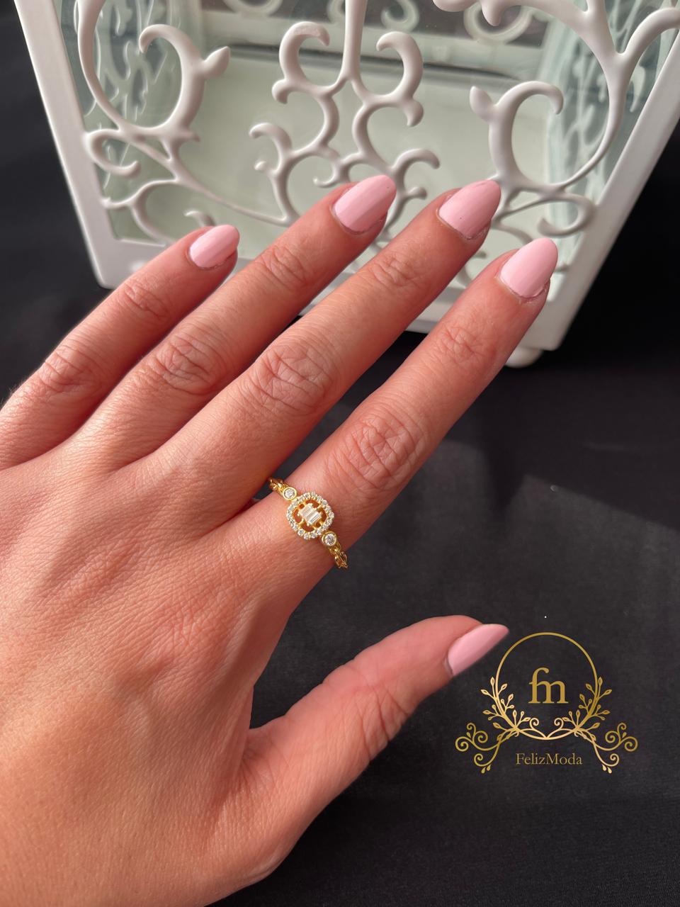 Braided silver ring with main square zircon stones gold plated