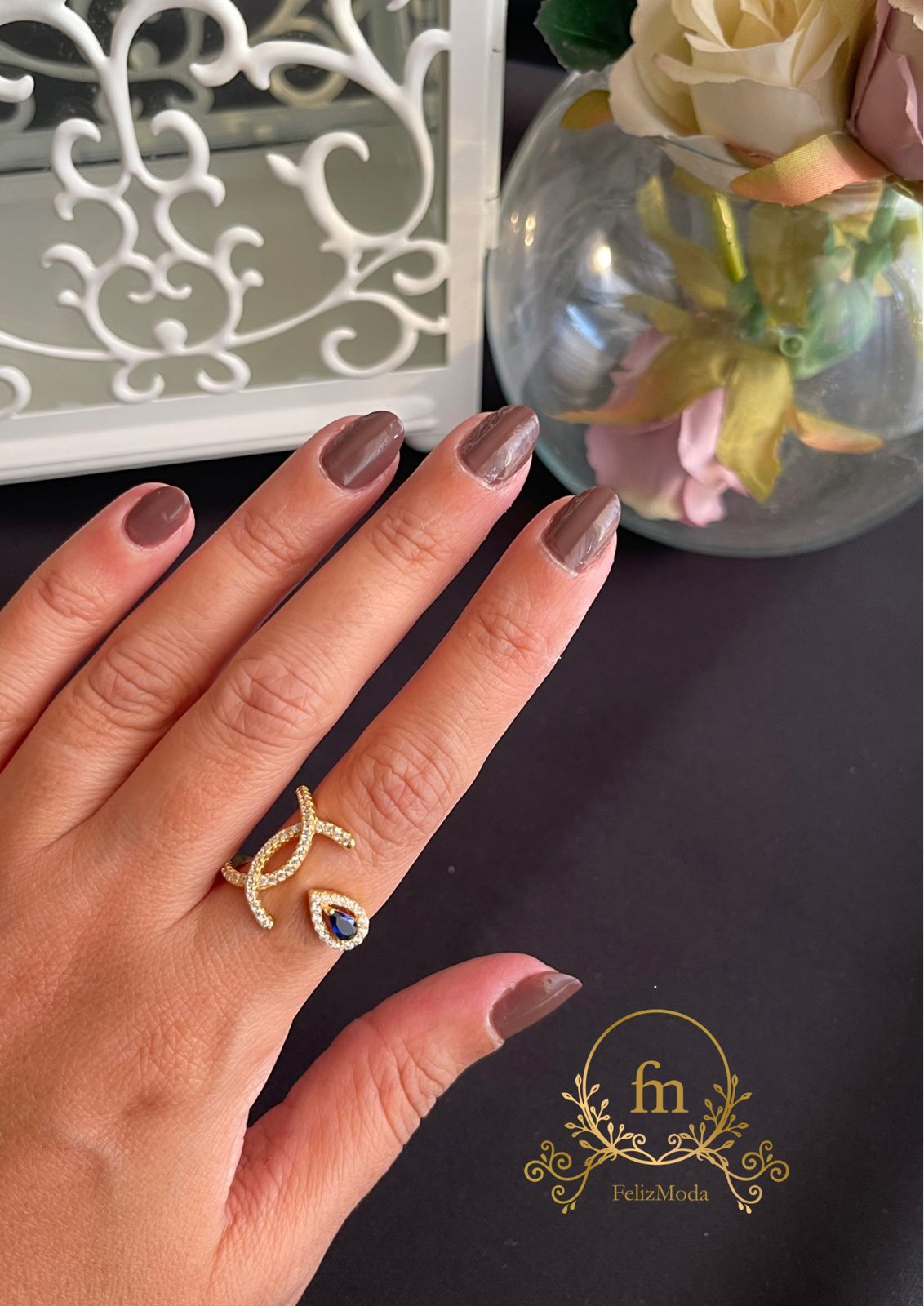 Blue eye silver ring with half circles free size gold plated