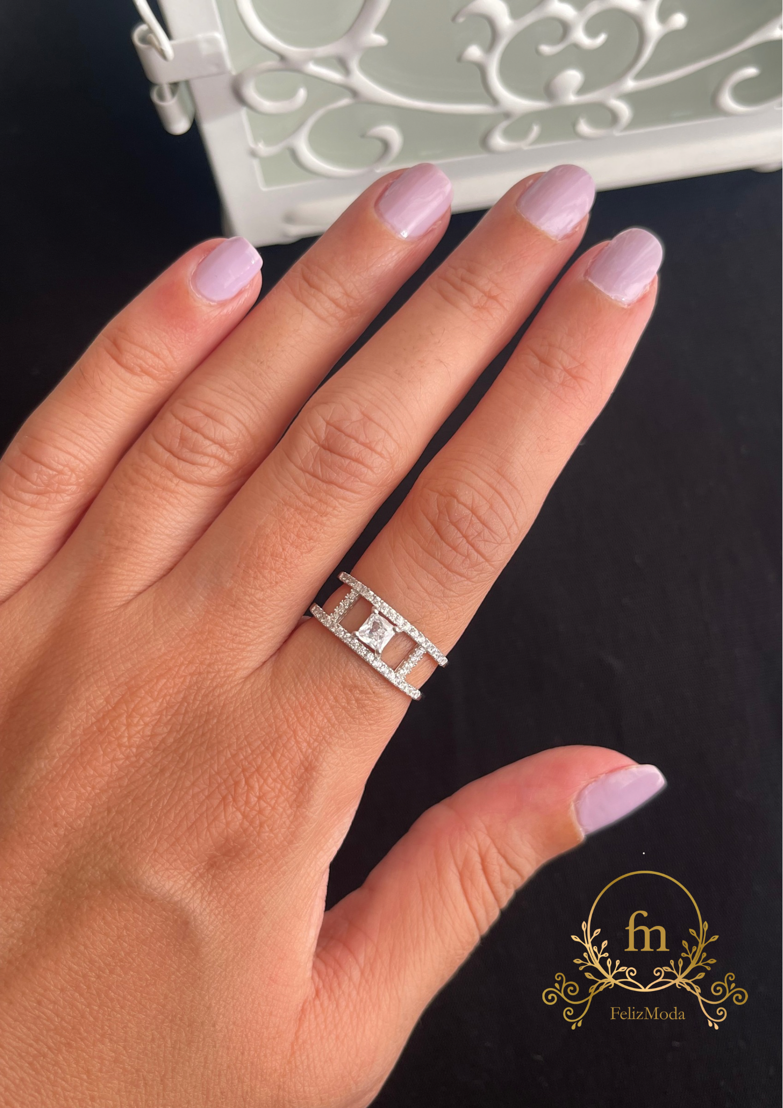 Two layered silver ring with square crystal