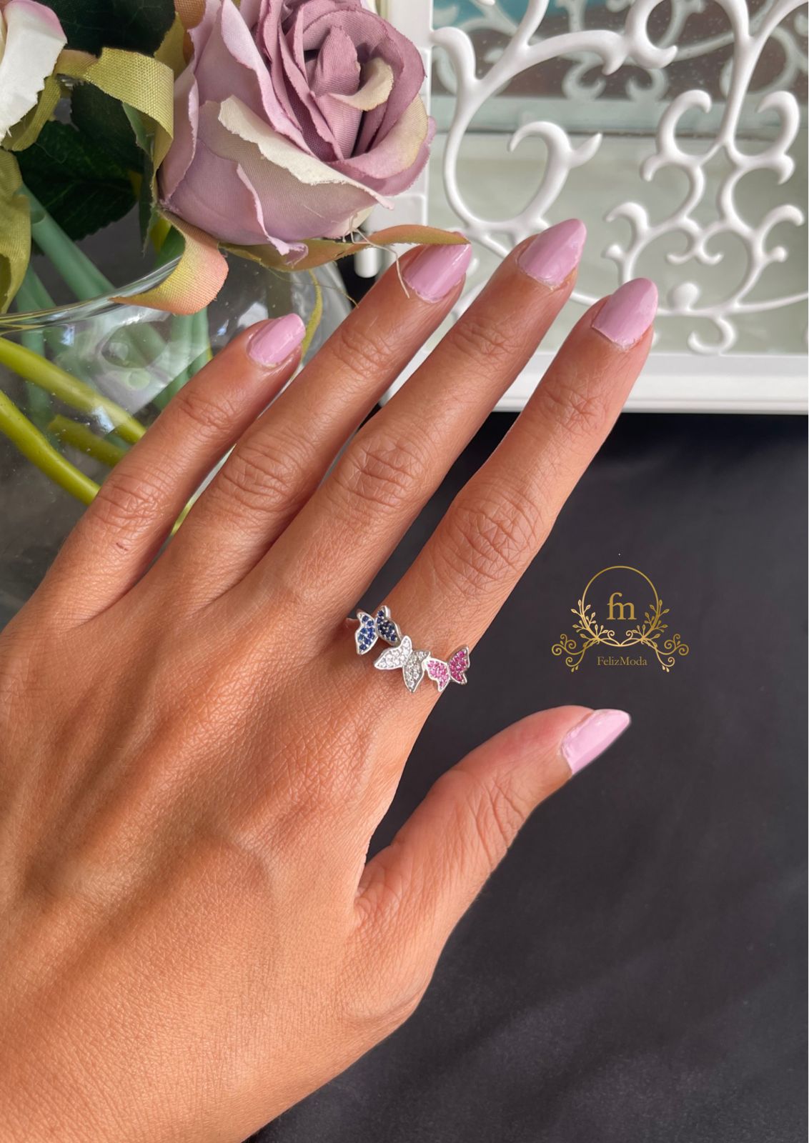 Colorful butterfly silver ring