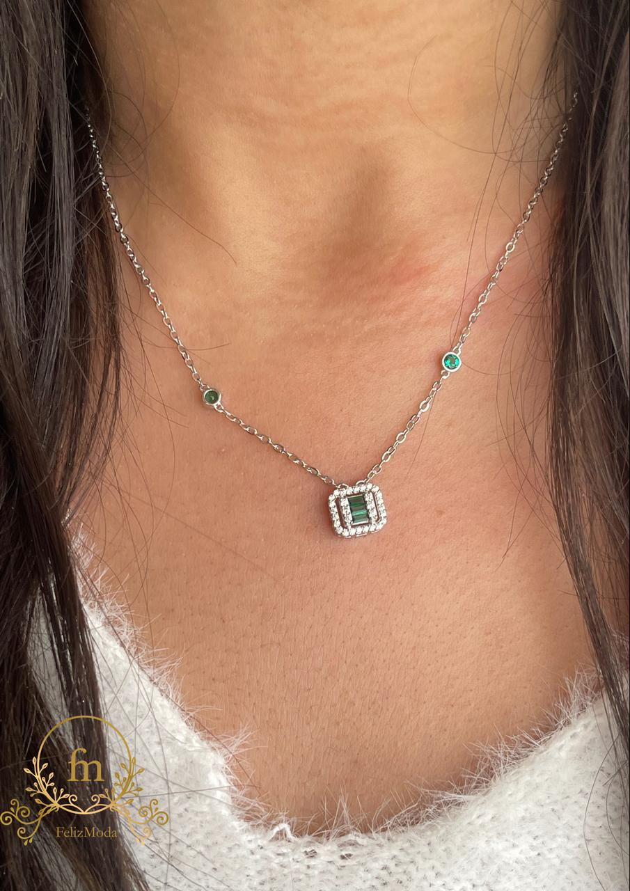 Square green zircon stones silver necklace with two side stones
