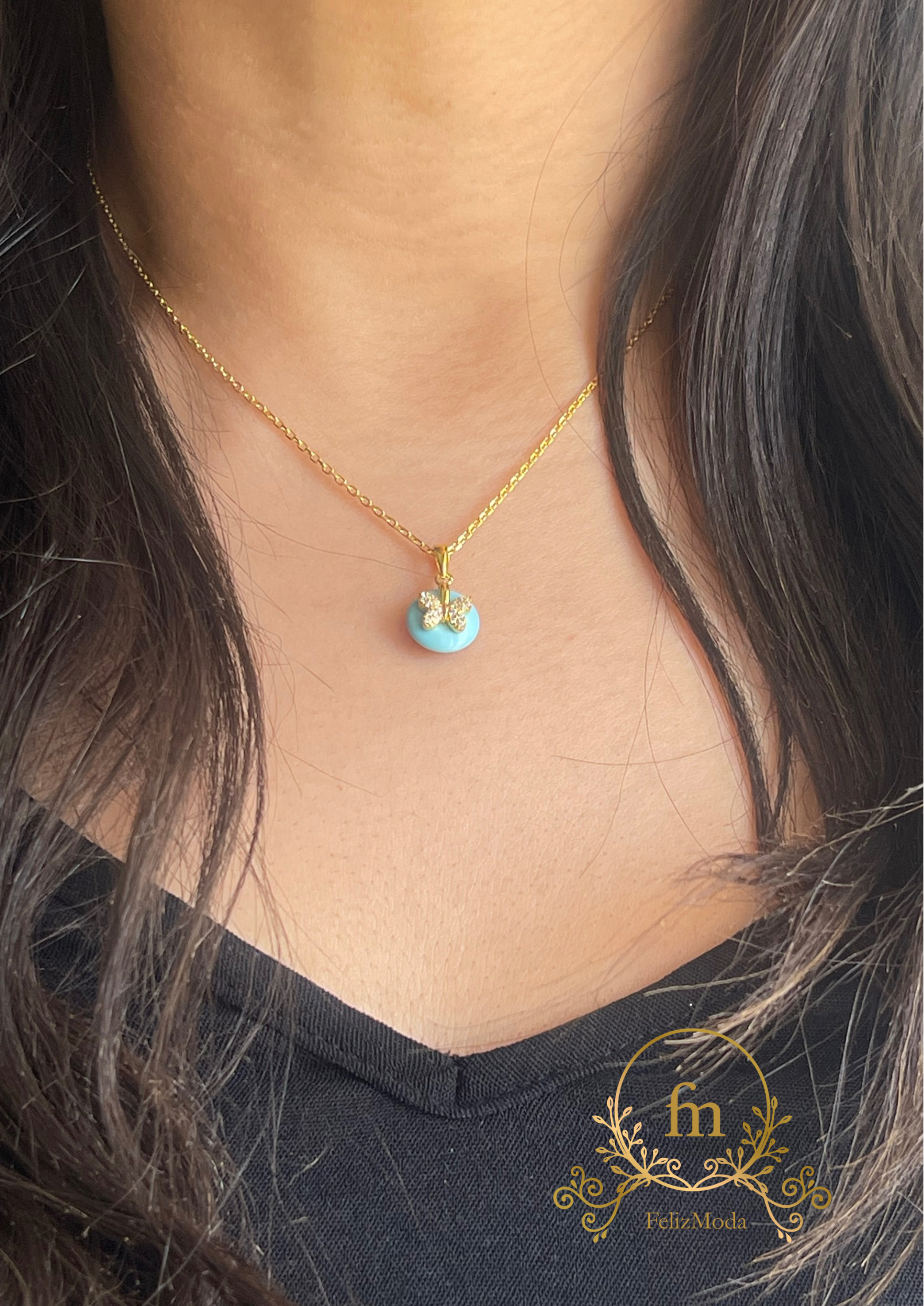 Gold butterfly on Fayrouz stone silver necklace gold plated