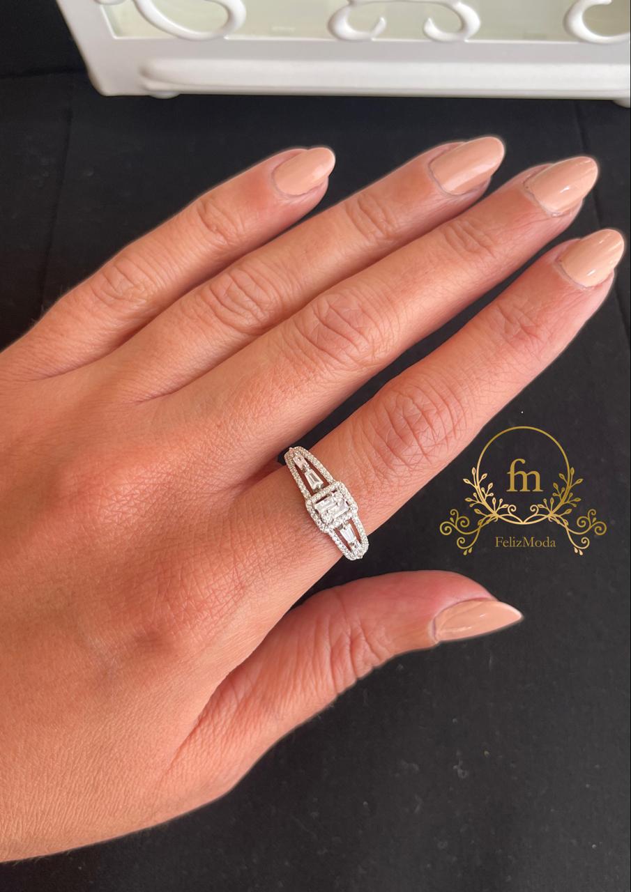 Multiple square and oval zircon stones silver ring