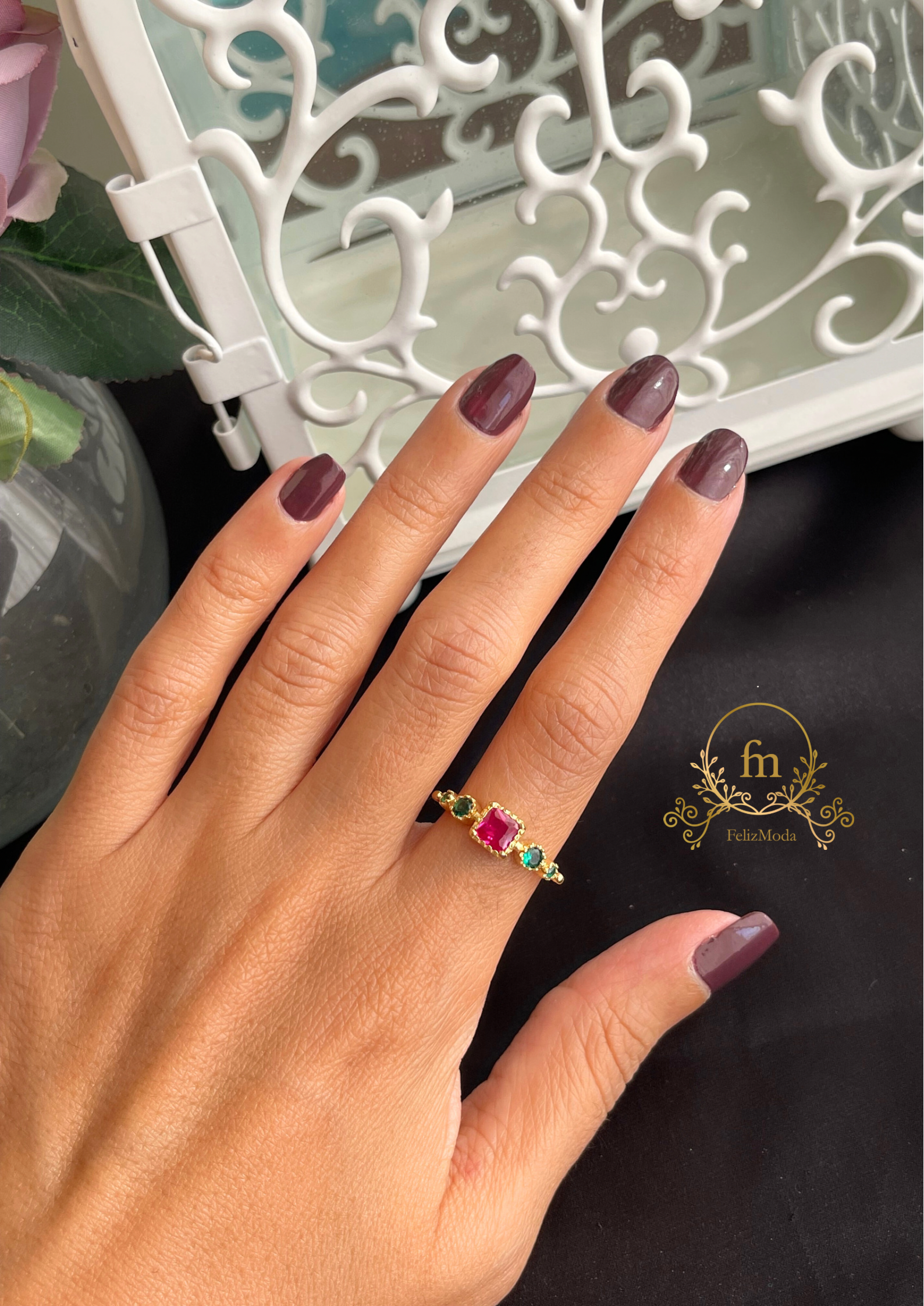 Red & green silver ring gold plated free size