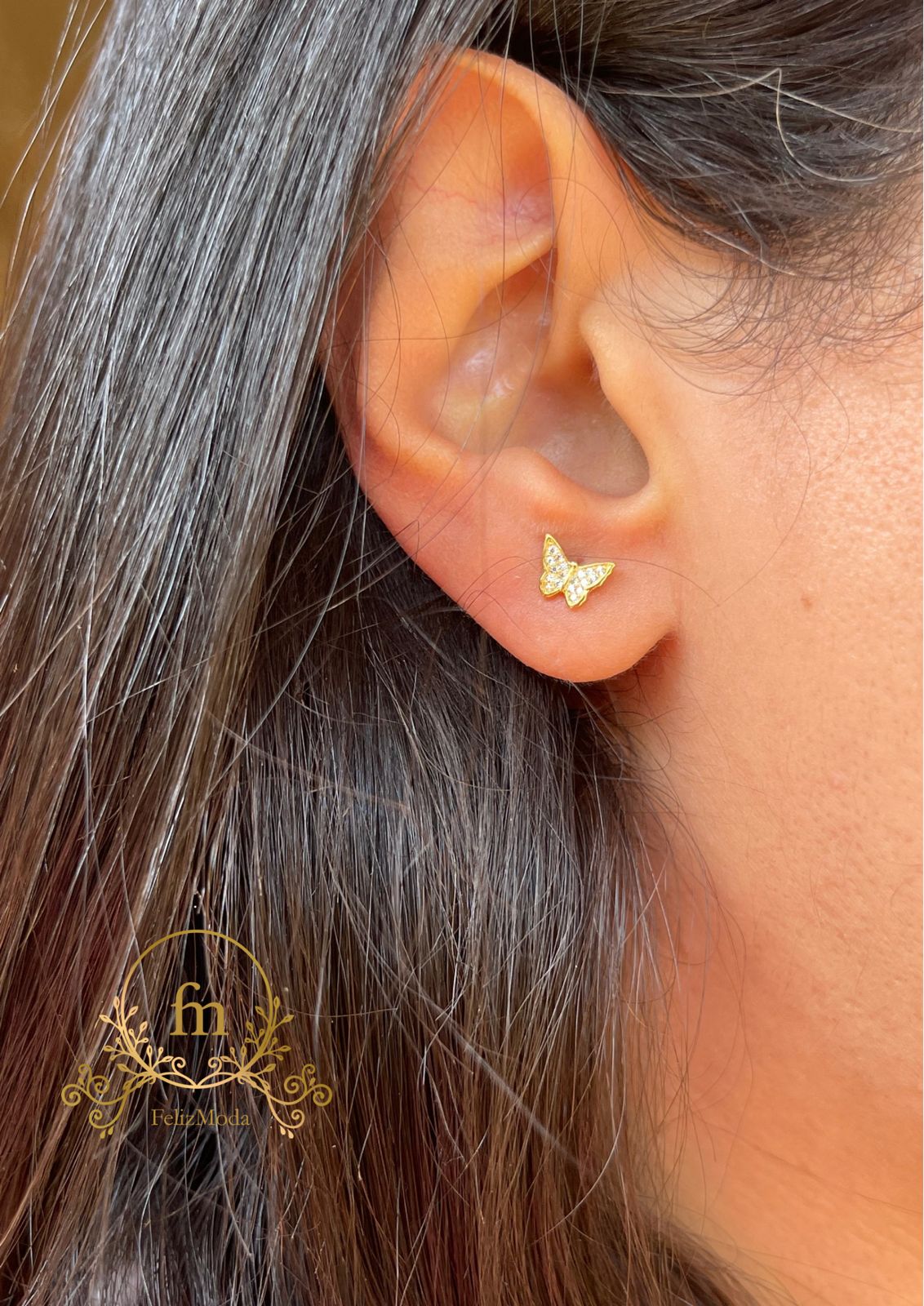 Butterfly silver earrings gold plated with zircon stones