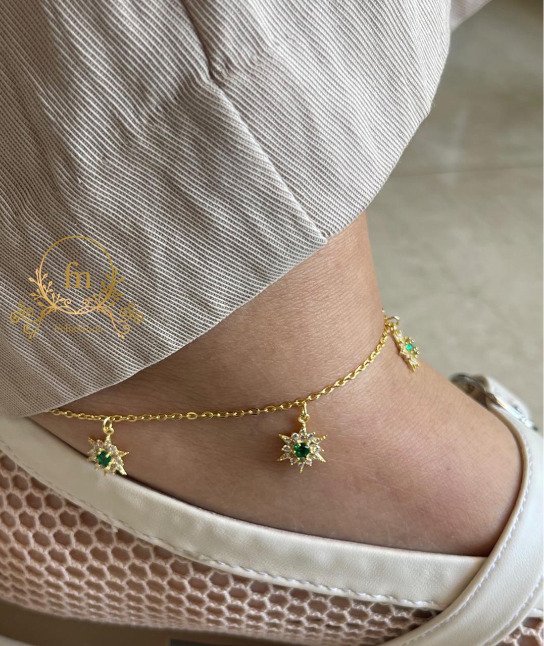 Green Flowers silver anklet gold plated