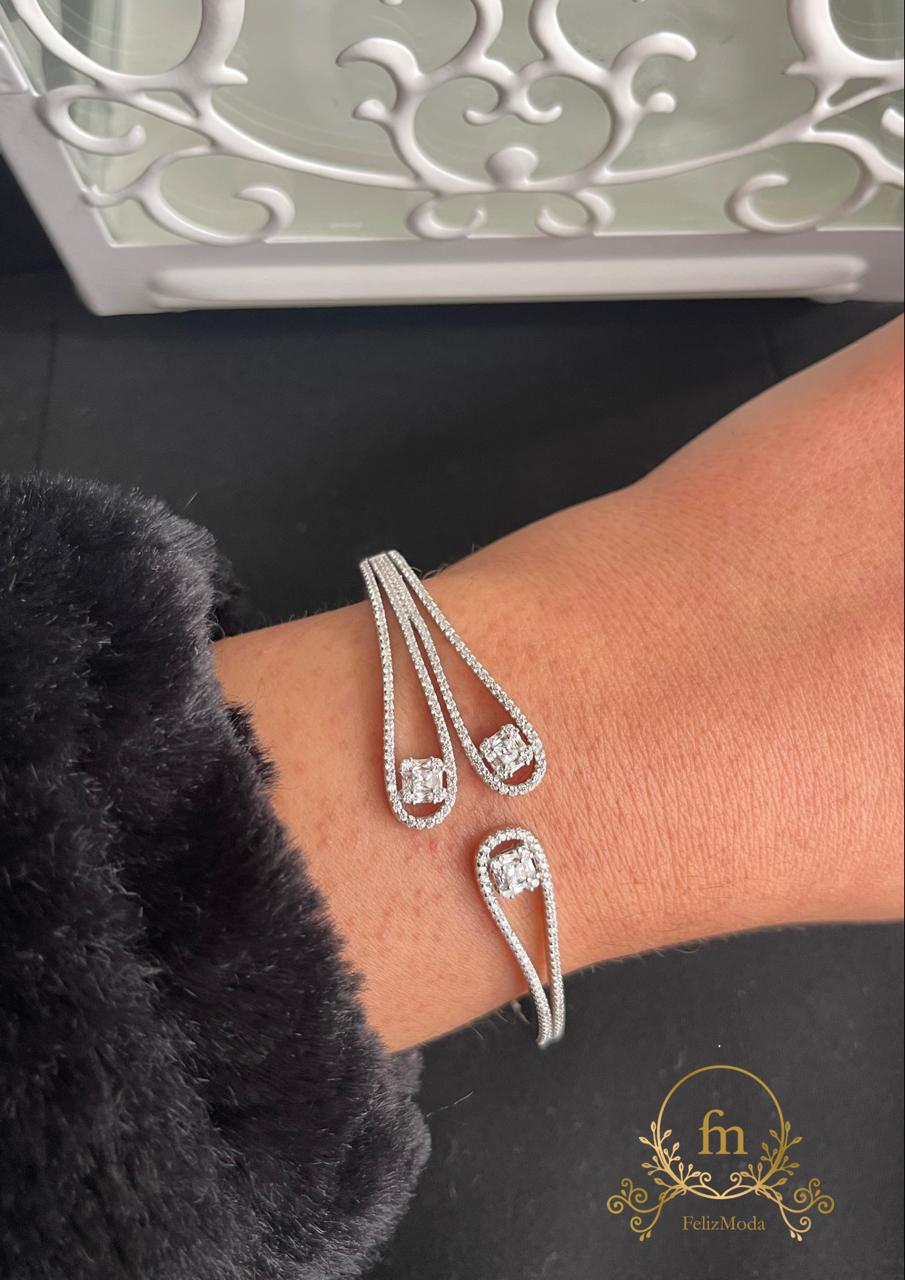 Three long pendants silver bangle with zircon stones