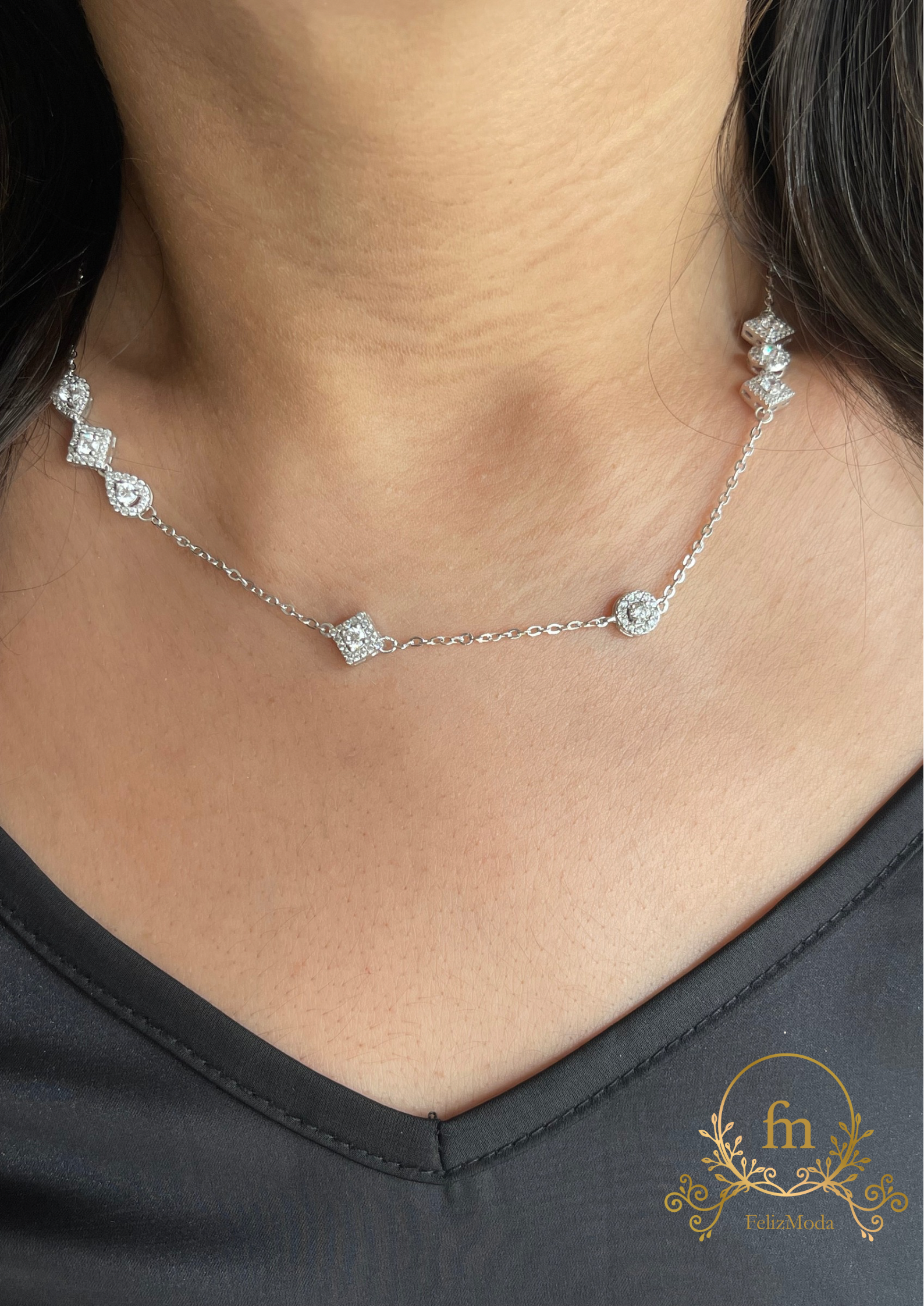 Multiple square and round shiny zircon stones silver necklace